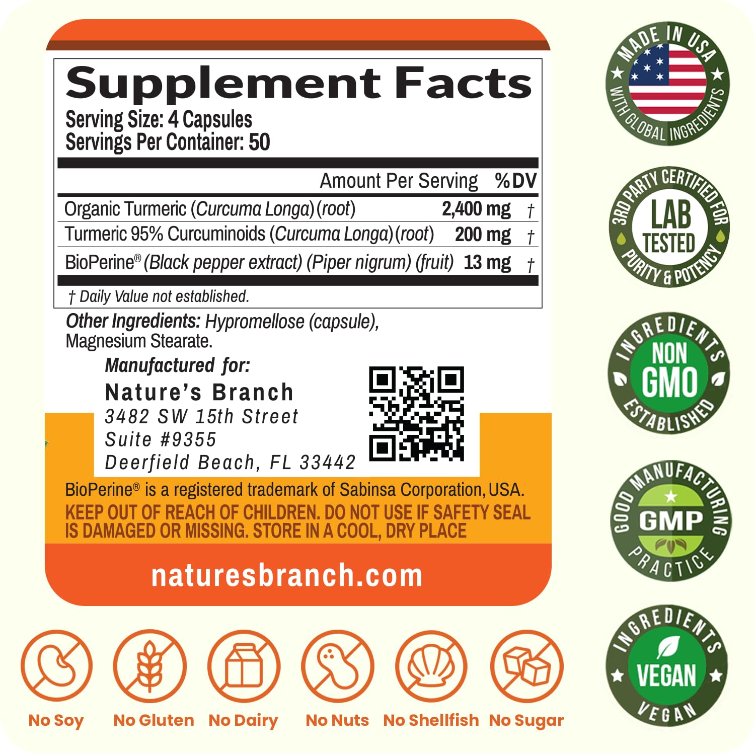 NATURE'S BRANCH ingredientes: raíz de cúrcuma orgánica y extracto estandarizado