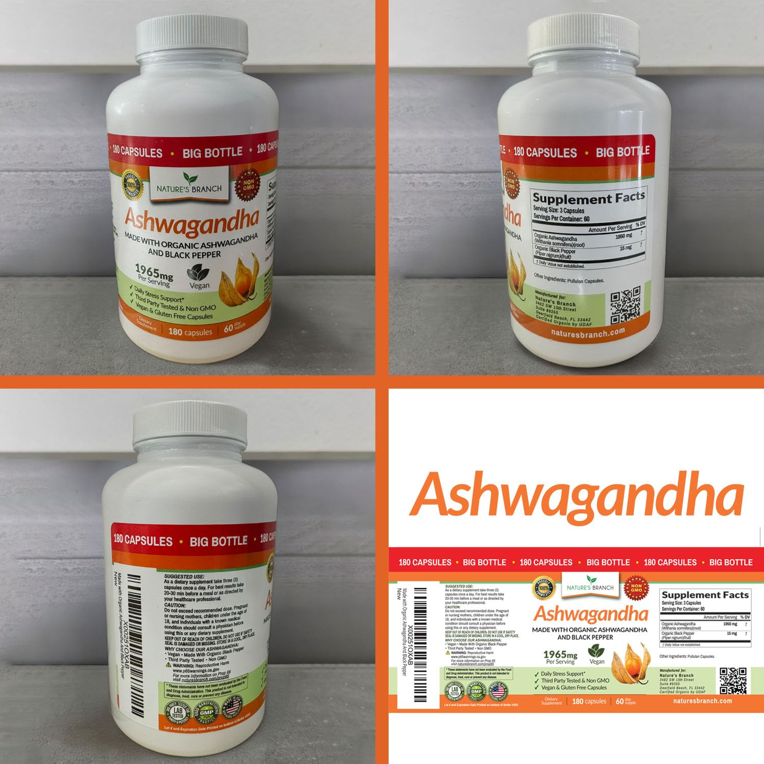 Nature's Branch ashwagandha y granos de pimienta negra como ingredientes