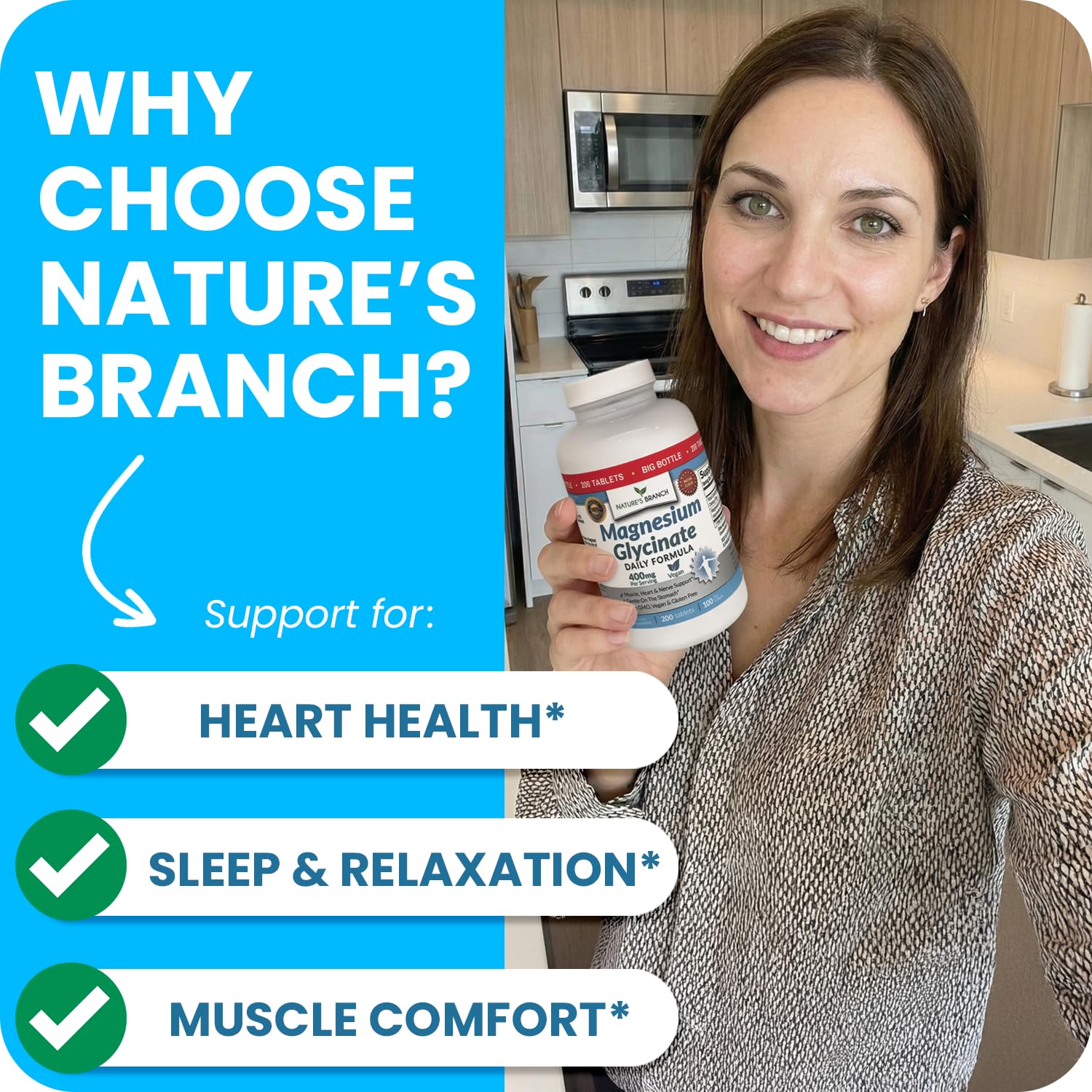 NATURE'S BRANCH tabletas en mano para apreciar escala y facilidad de deglución