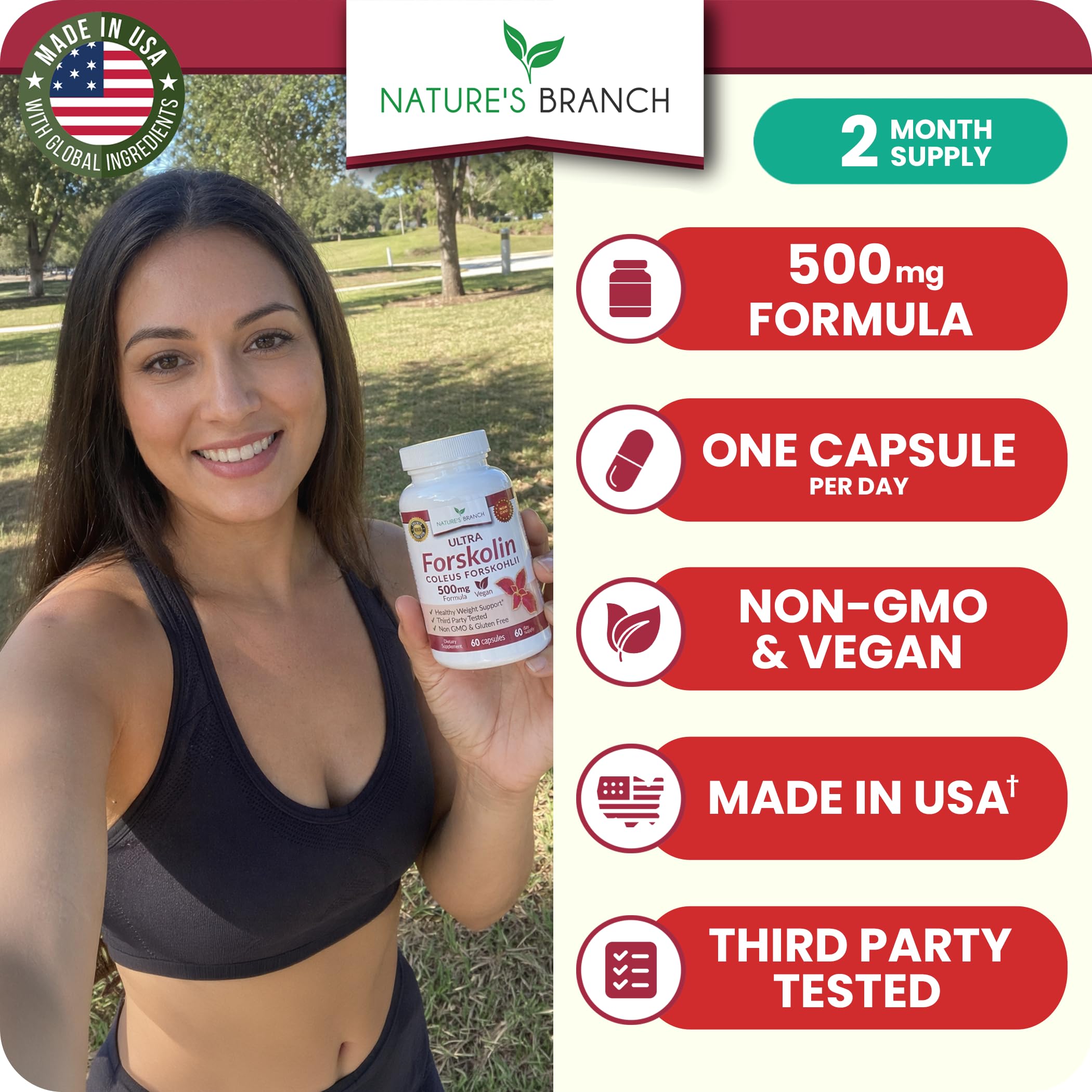 NATURE'S BRANCH etiqueta lateral con información de ingredientes y pruebas de terceros
