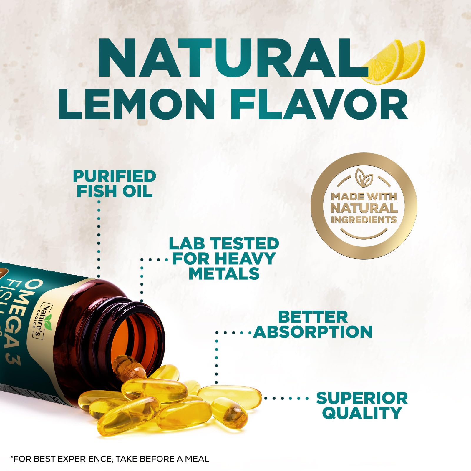 Nature's Choice cápsula en primer plano indicando fórmula burpless y tolerancia