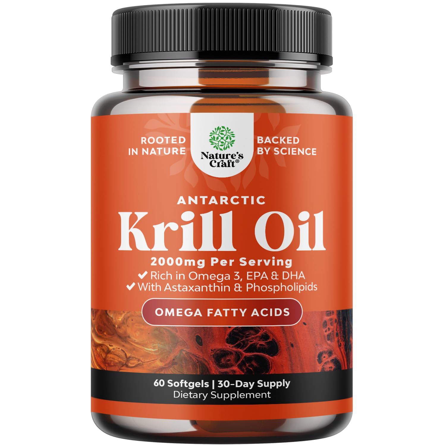 Natures Craft envase frontal del aceite de krill mostrando la etiqueta y beneficios
