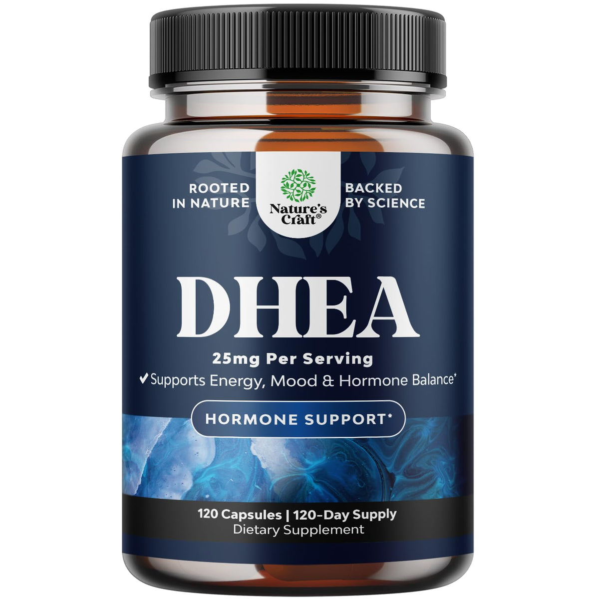 Natures Craft DHEA vista frontal mostrando etiqueta y beneficio de pureza