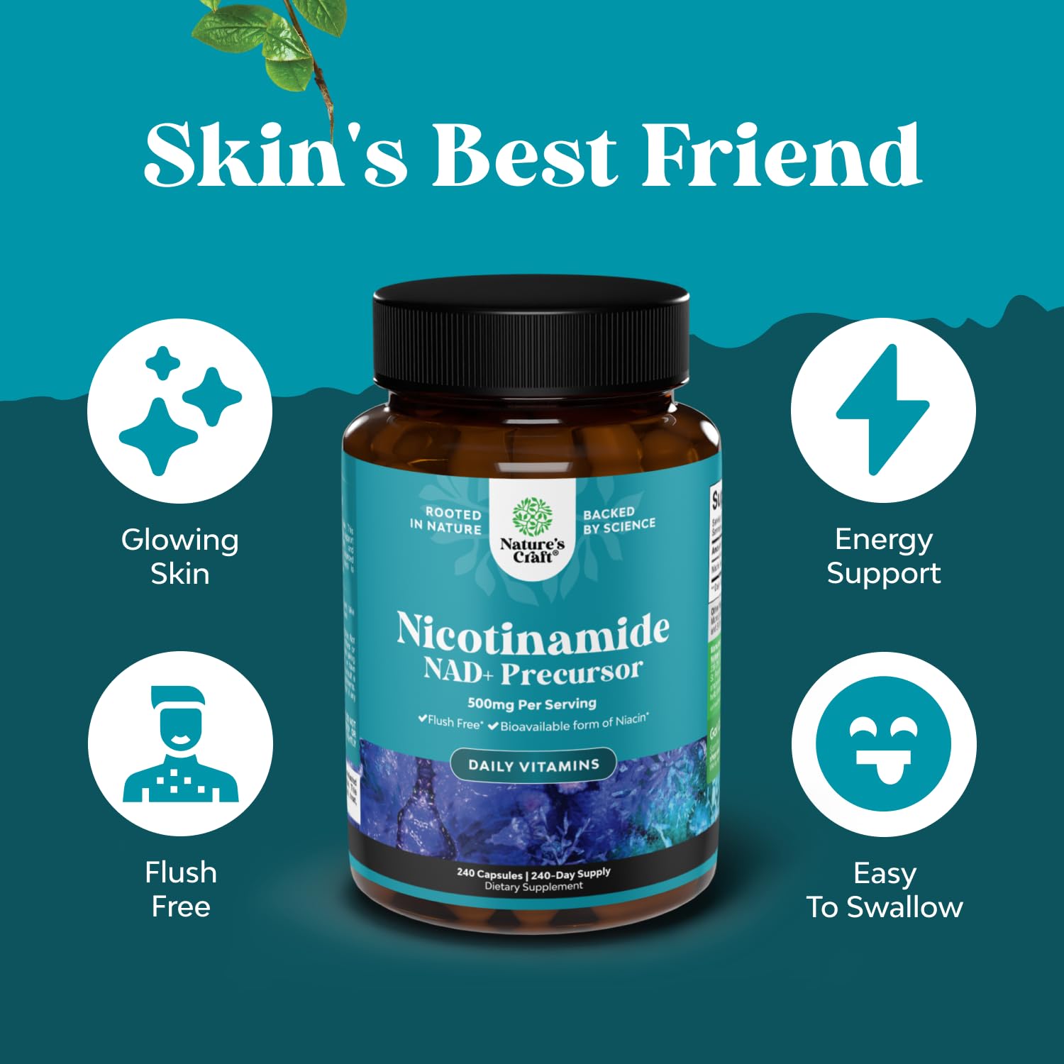 Natures Craft etiqueta en detalle resaltando nicotinamida 500 mg