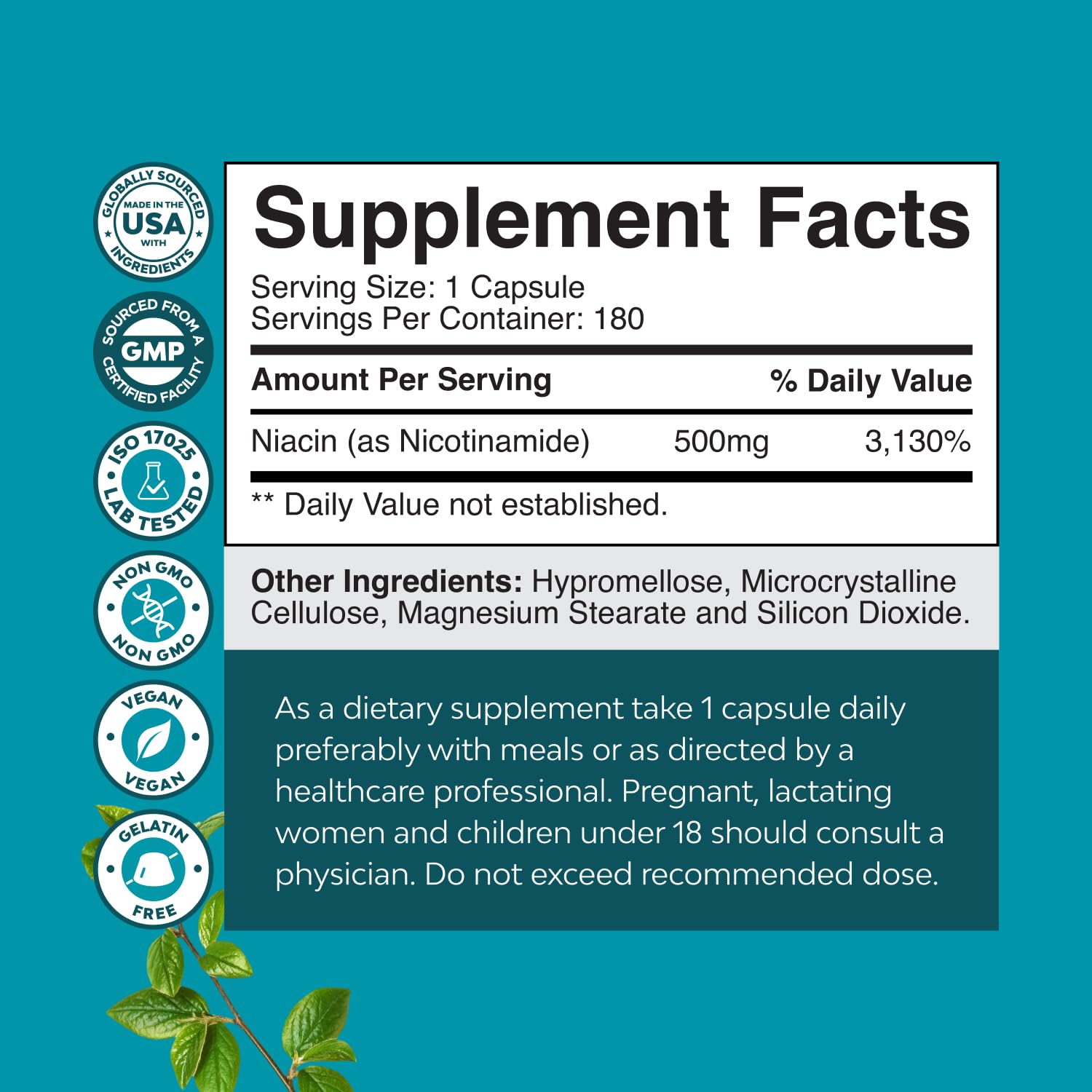 Natures Craft etiqueta nutricional clara que muestra ingredientes y dosis