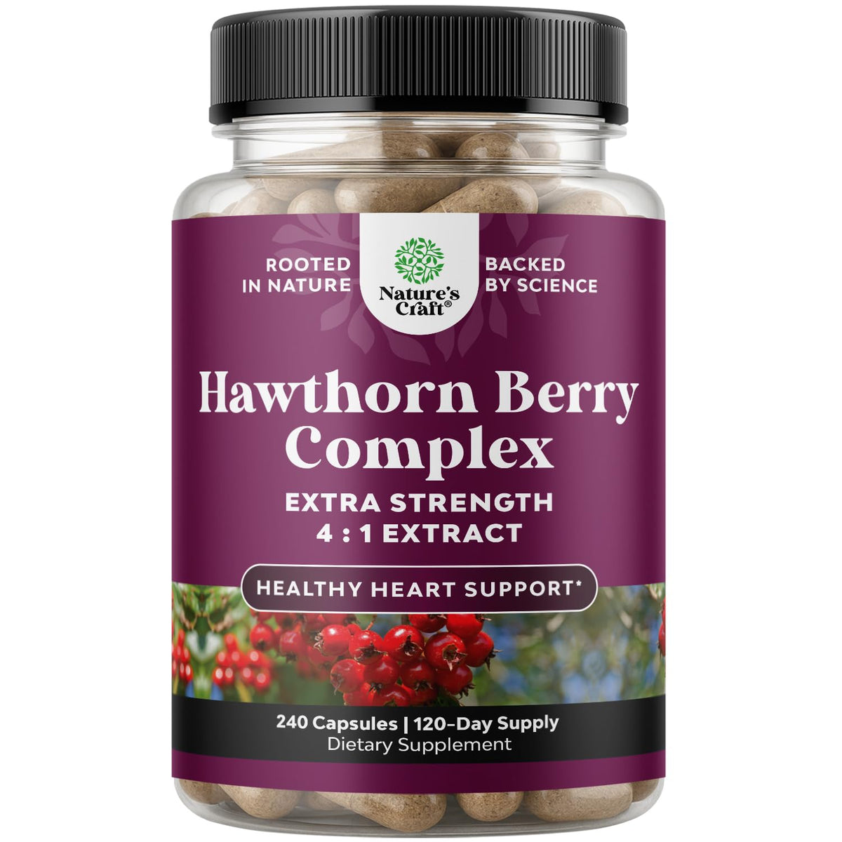 Natures Craft envase frontal de Hawthorn Berry con diseño claro y beneficios visibles
