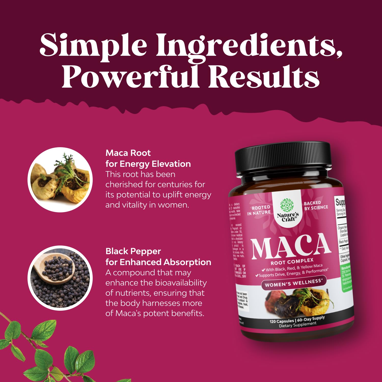 Natures Craft tres tipos de maca roja amarilla negra en primera plana