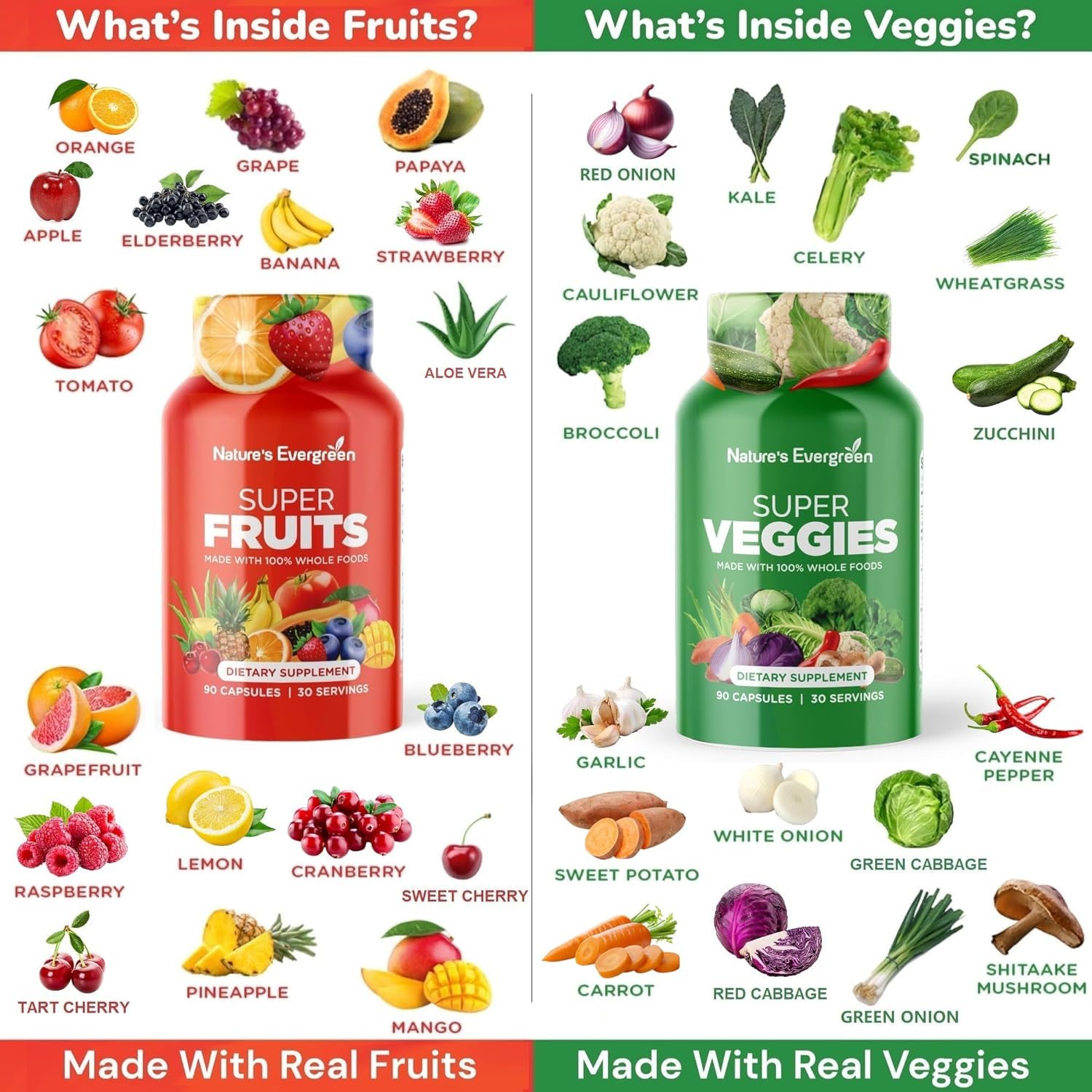 Nature's Evergreen etiqueta con lista de 35+ ingredientes vegetales