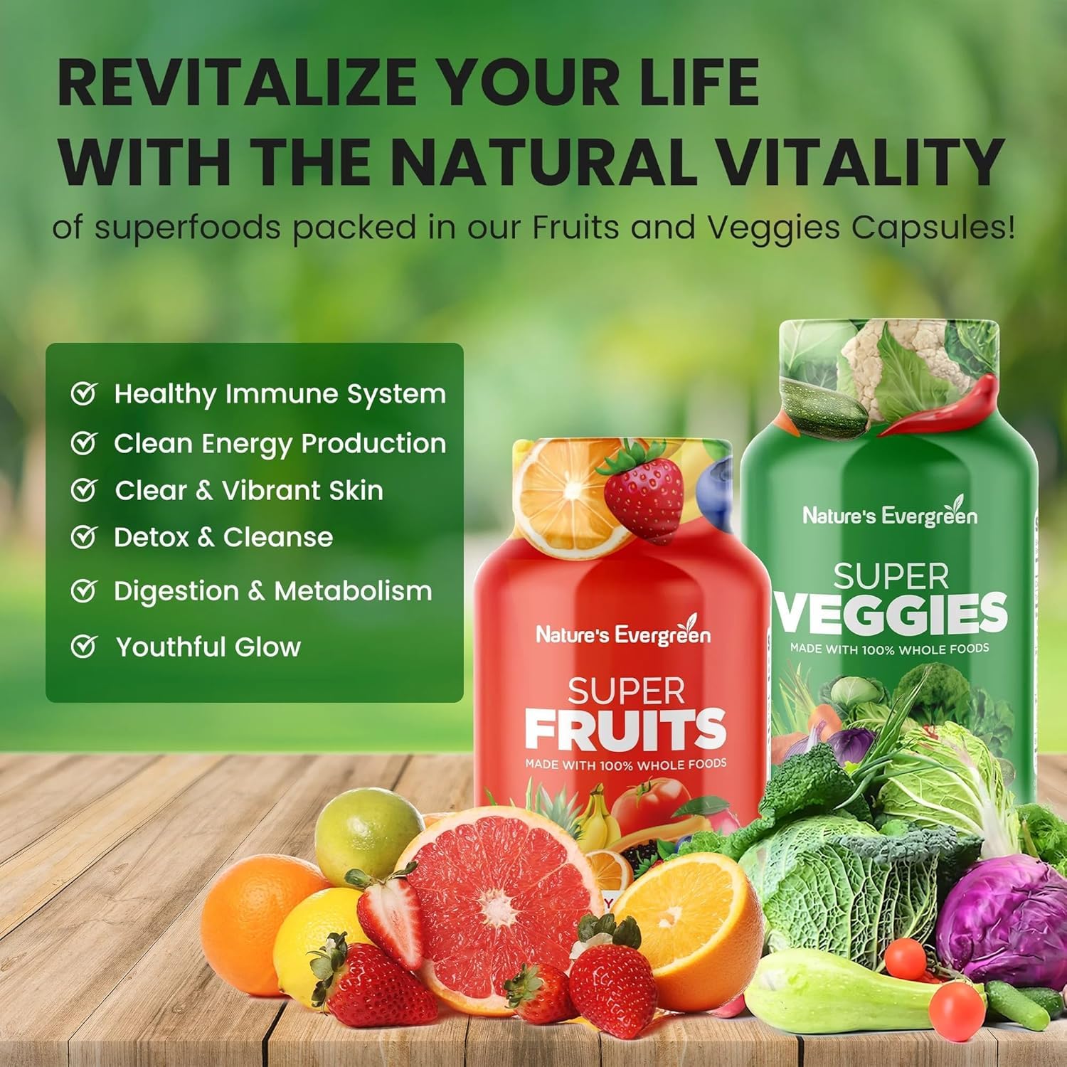 Nature's Evergreen polvo de frutas y verduras destacando origen natural