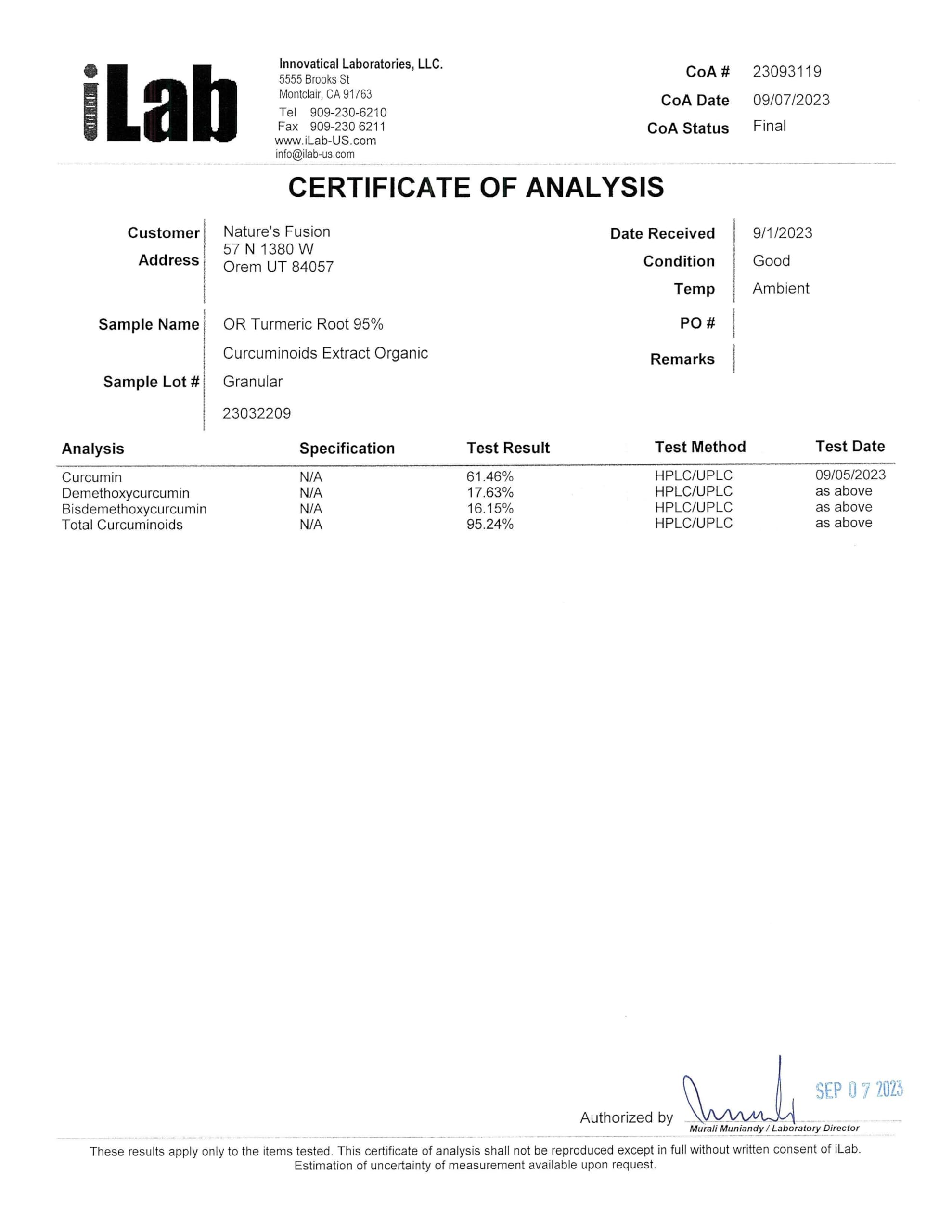 Nature's Fusions etiqueta con certificaciones USDA Organic y prueba de laboratorio