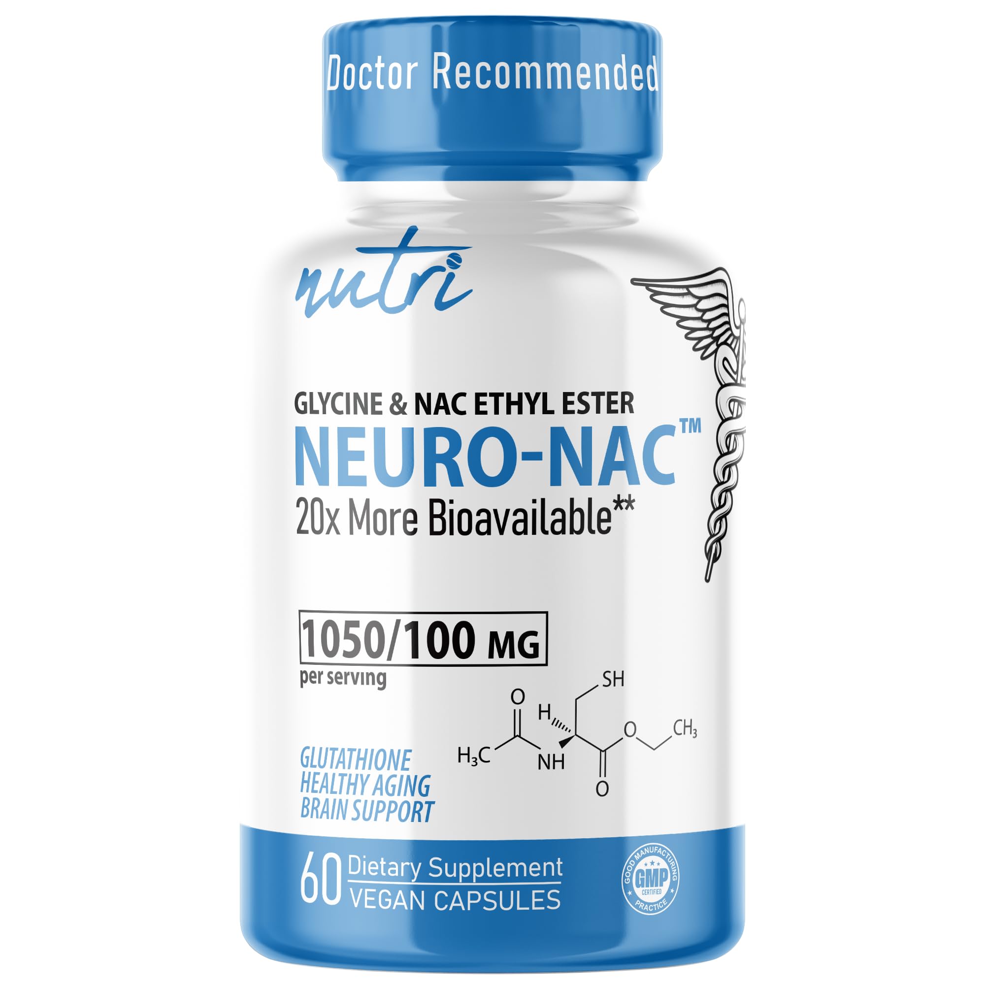 Nature's Fusions frasco frontal del Neuro NACET mostrando etiqueta clara y beneficio de biodisponibilidad
