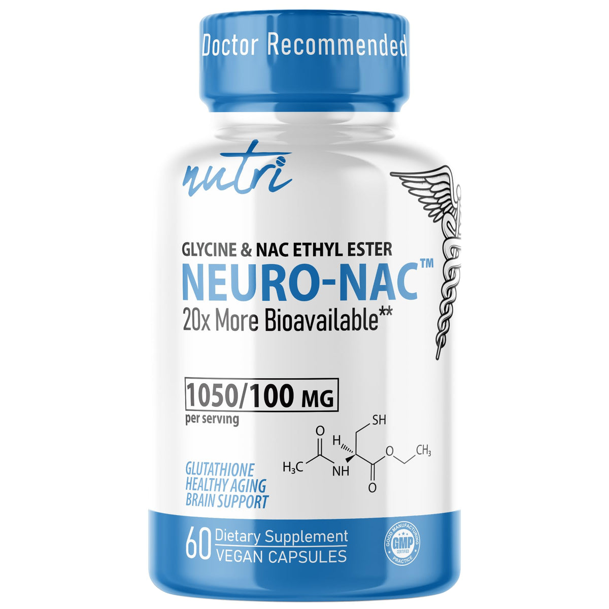 Nature's Fusions frasco frontal del Neuro NACET mostrando etiqueta clara y beneficio de biodisponibilidad