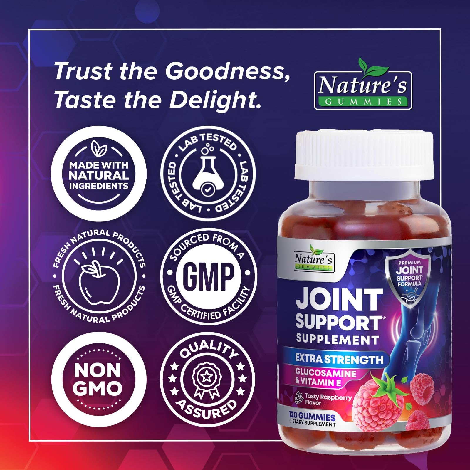 Nature's Gummies etiqueta con lista de ingredientes y sello de calidad