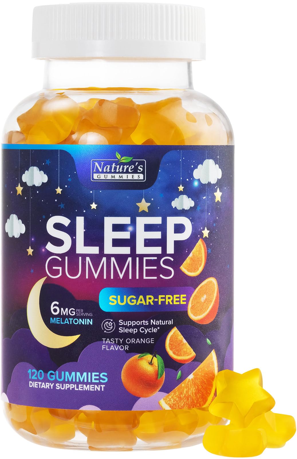 Nature's Gummies frasco frontal mostrando 120 gomitas y beneficio conveniencia