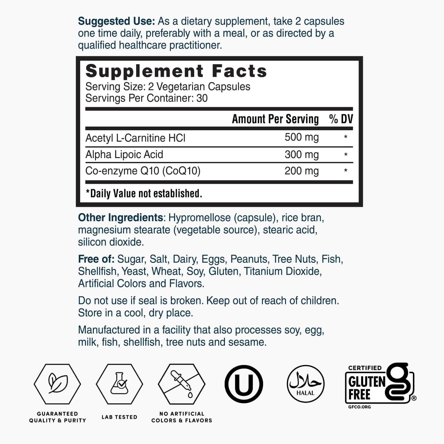 Nature's Lab lista de ingredientes activos CoQ10, ALA y L-Carnitina destacada como ventaja