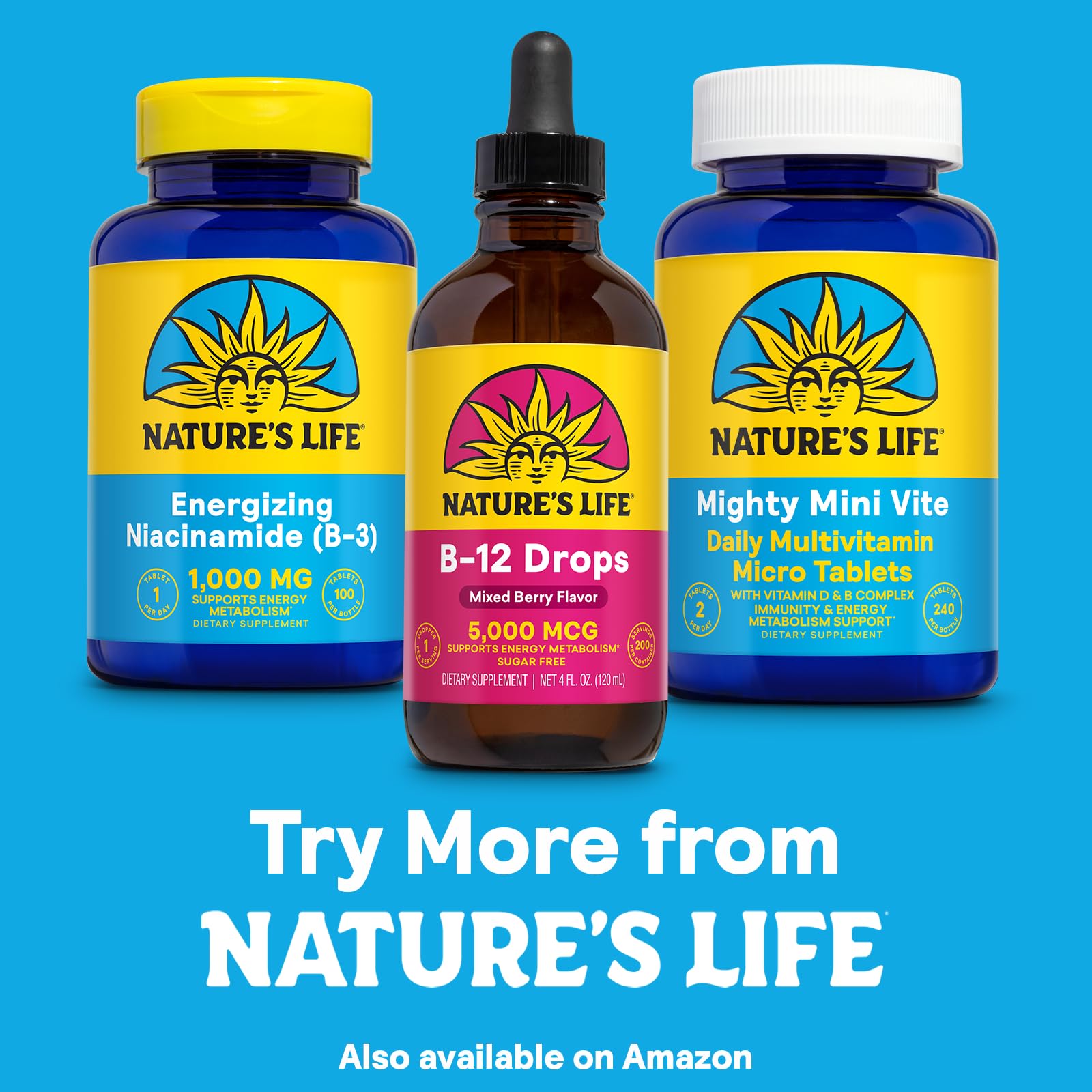 Nature's Life frasco junto a objeto de referencia para escala, beneficio percepción de cantidad