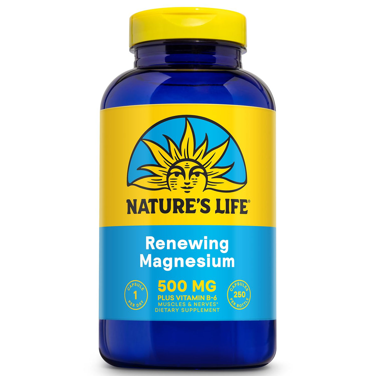 Nature's Life botella frontal mostrando 250 cápsulas y beneficios clave