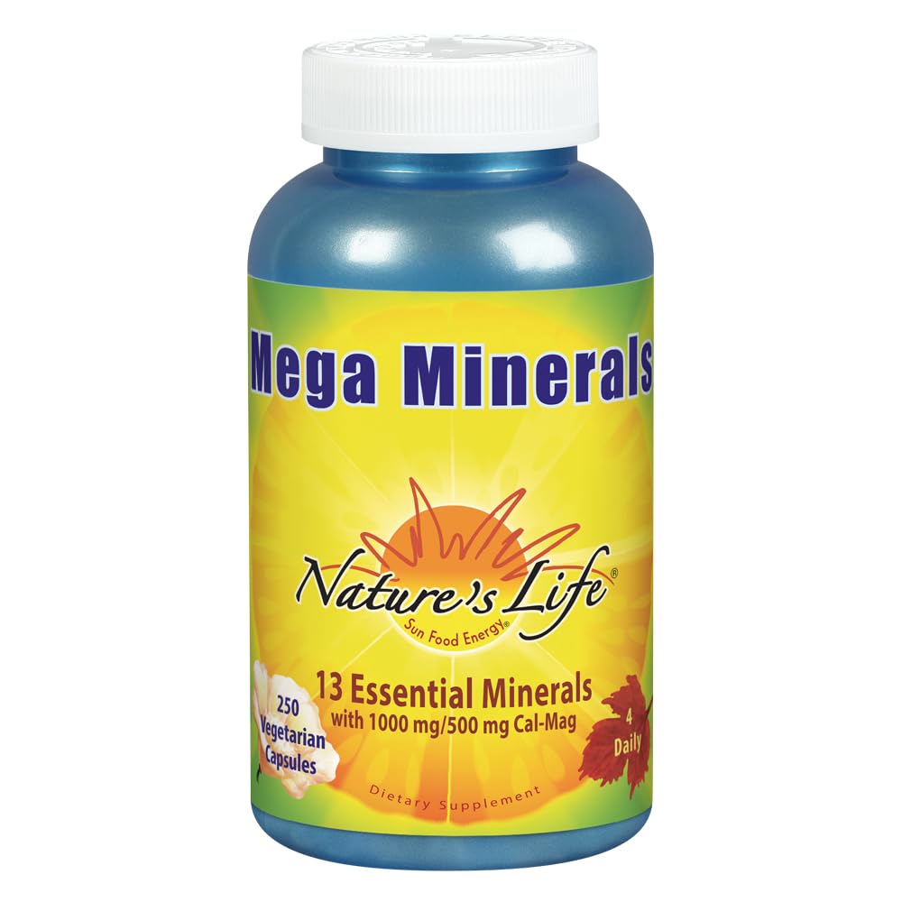 Nature's Life envase frontal Mega Minerals muestra ingredientes clave y ventaja de concentración