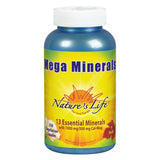 Nature's Life envase frontal Mega Minerals muestra ingredientes clave y ventaja de concentración
