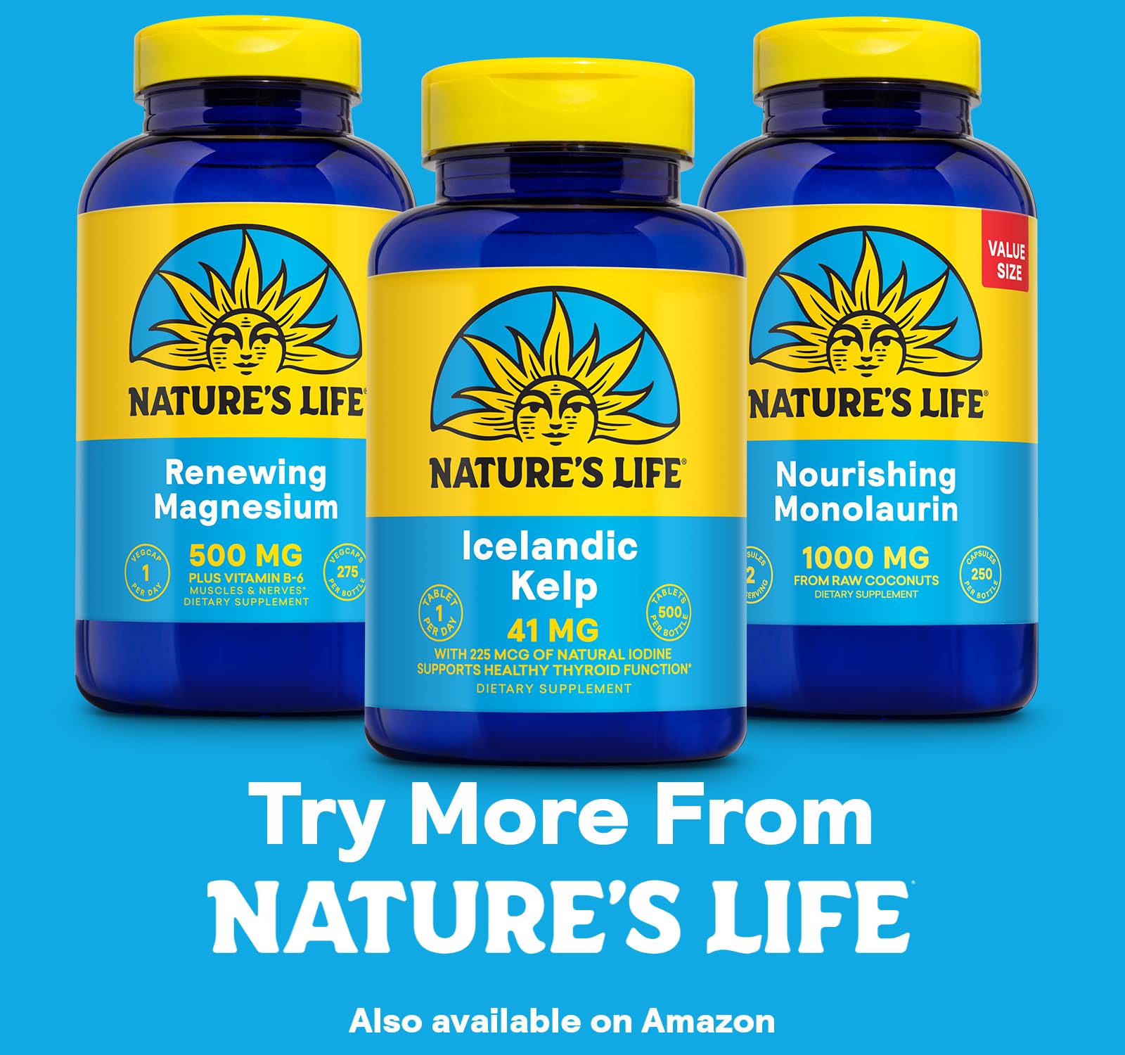 Nature's Life kelp en cocina junto a frutas y vasos, apoyo a la nutrición