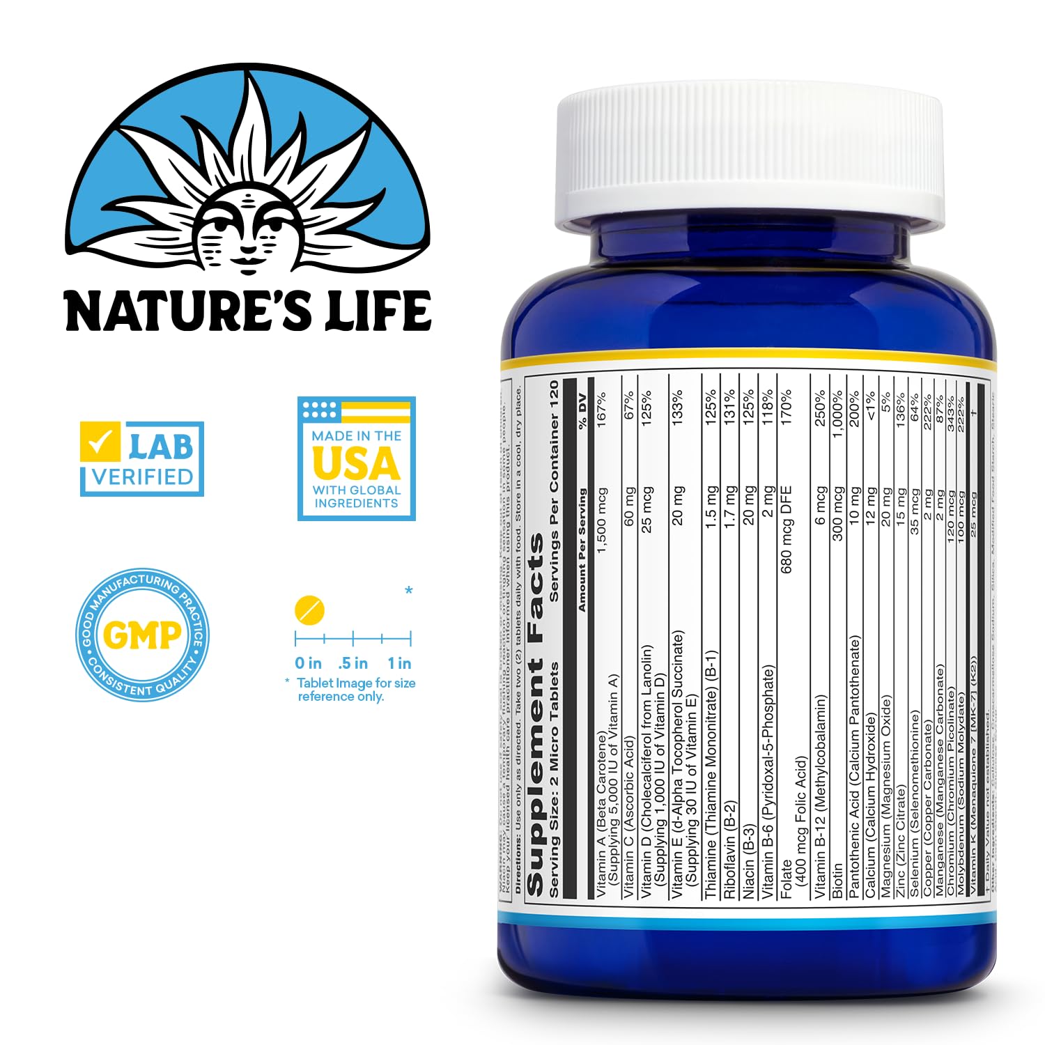 Nature's Life micro tabletas en primer plano, tamaño cómodo para tragar