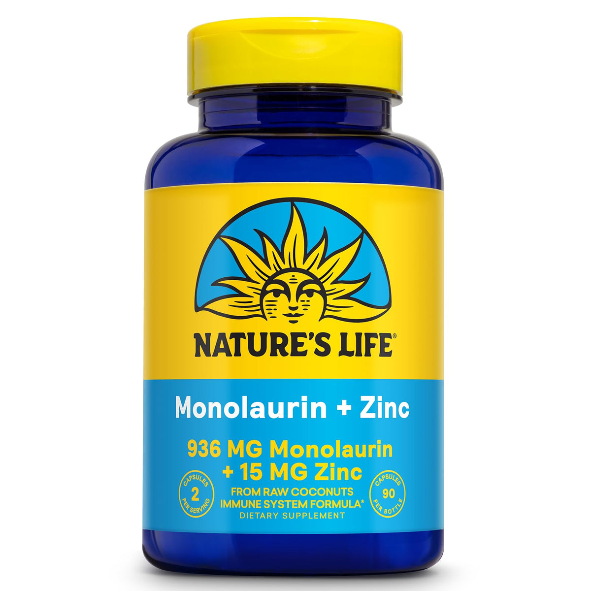 Nature's Life envase frontal mostrando monolaurin y zinc, confianza visual