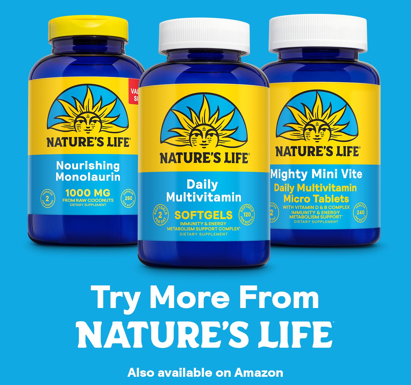 Nature's Life envase sobre encimera de cocina, integra suplemento en estilo de vida saludable