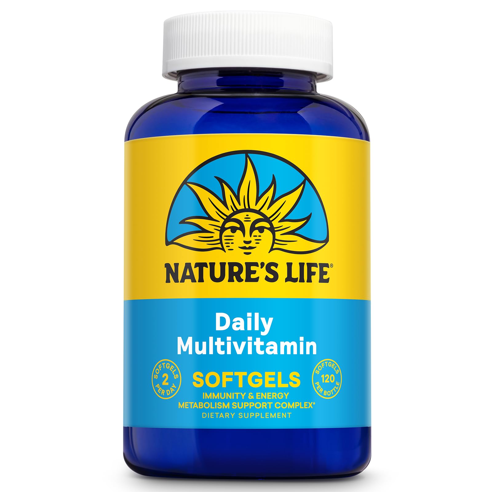 Nature's Life frasco frontal mostrando 120 softgels y beneficio de complemento diario
