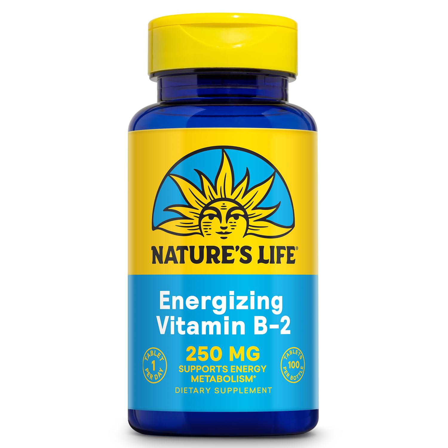 Nature's Life botella frente del empaque mostrando 100 tabletas y beneficio energético