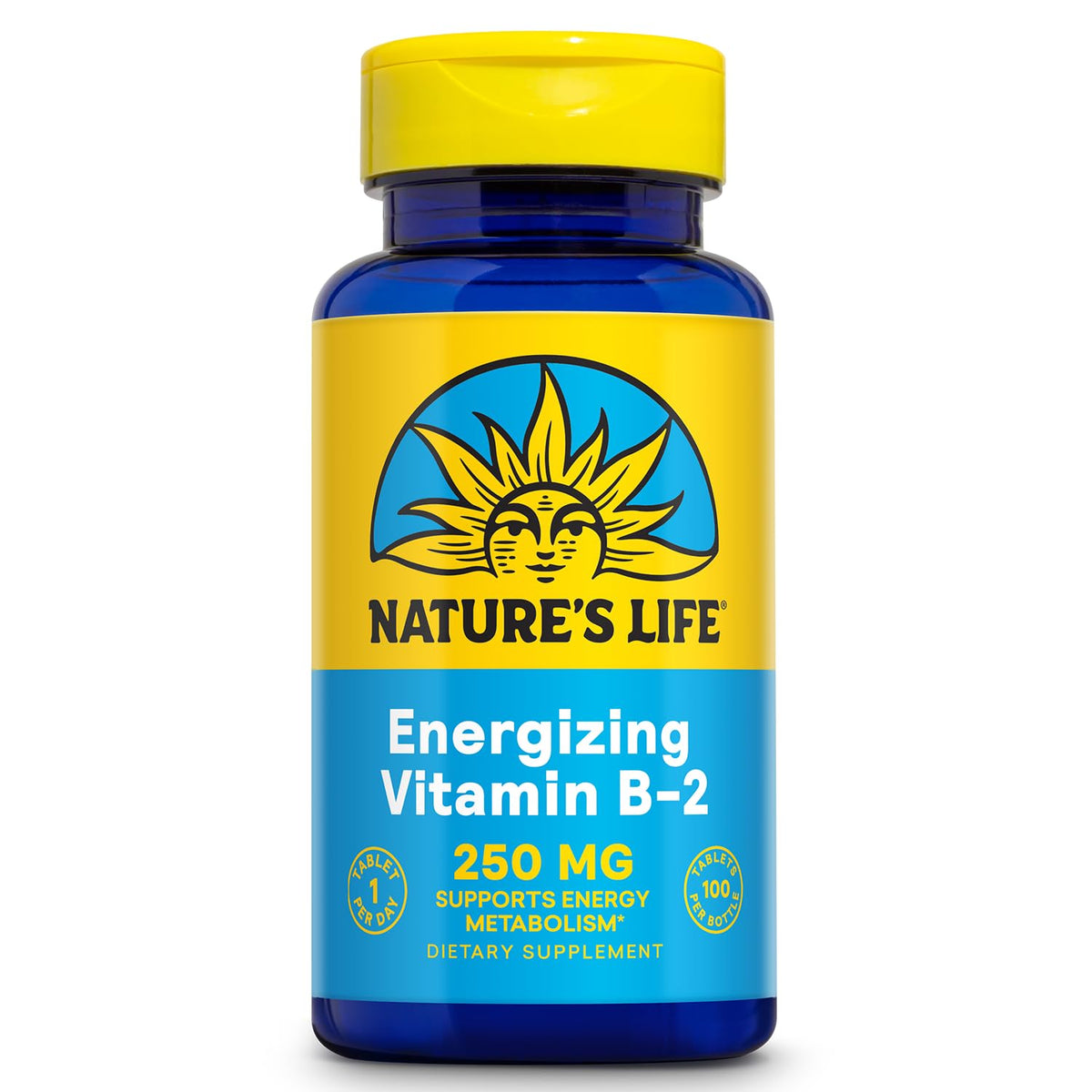 Nature's Life botella frente del empaque mostrando 100 tabletas y beneficio energético