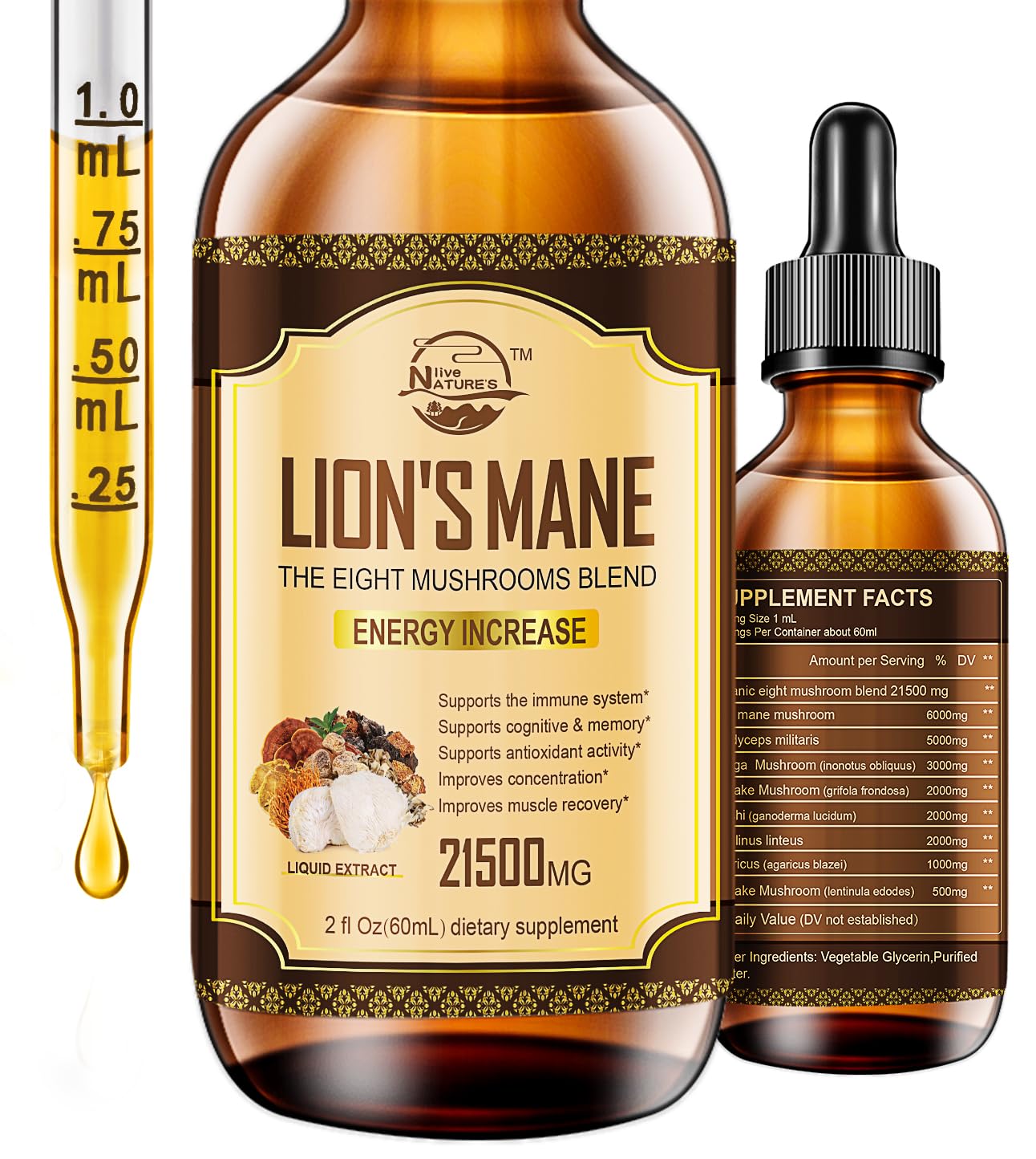 Nature's live frasco frontal mostrando etiqueta y beneficio de claridad mental