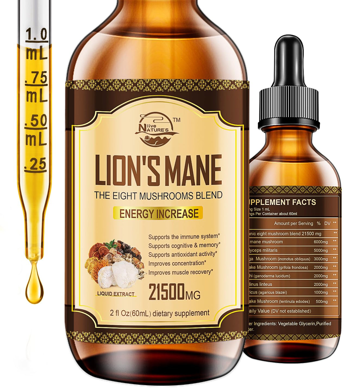 Nature's live frasco frontal mostrando etiqueta y beneficio de claridad mental