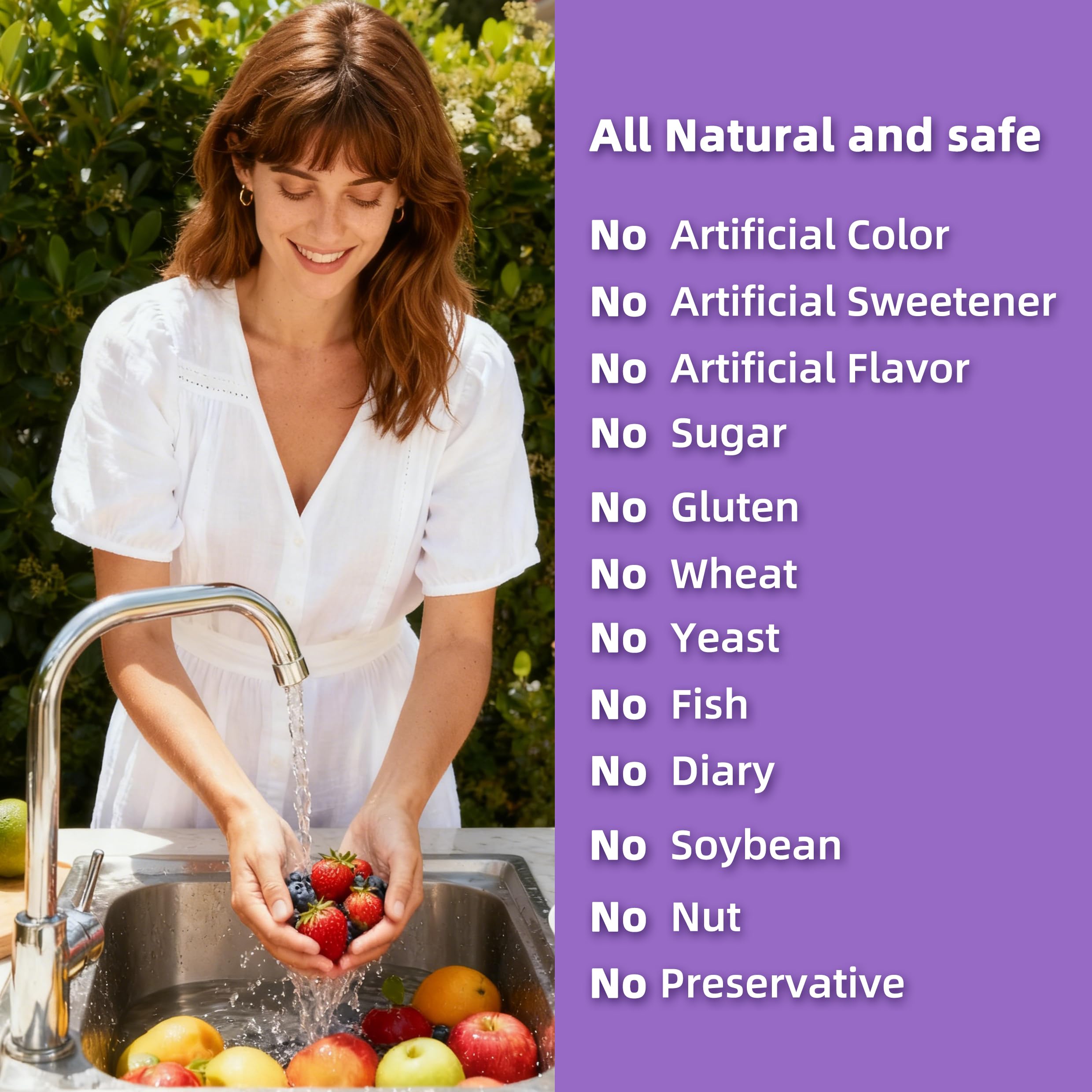 Nature's Nutra etiqueta zoom con lista de ingredientes y certificaciones de pureza