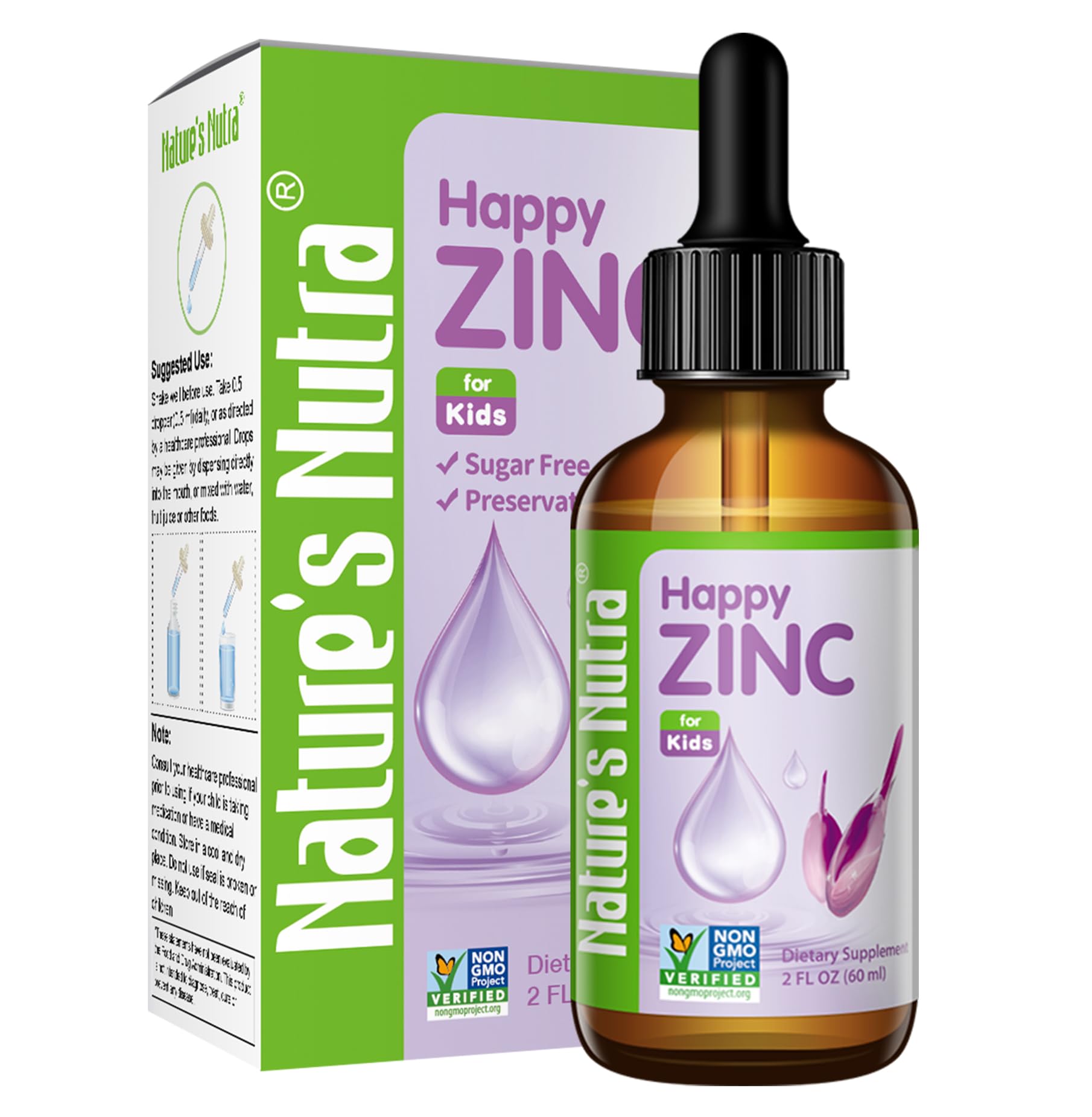 Nature's Nutra frasco frontal Happy Zinc mostrando presentación clara y beneficios de administración