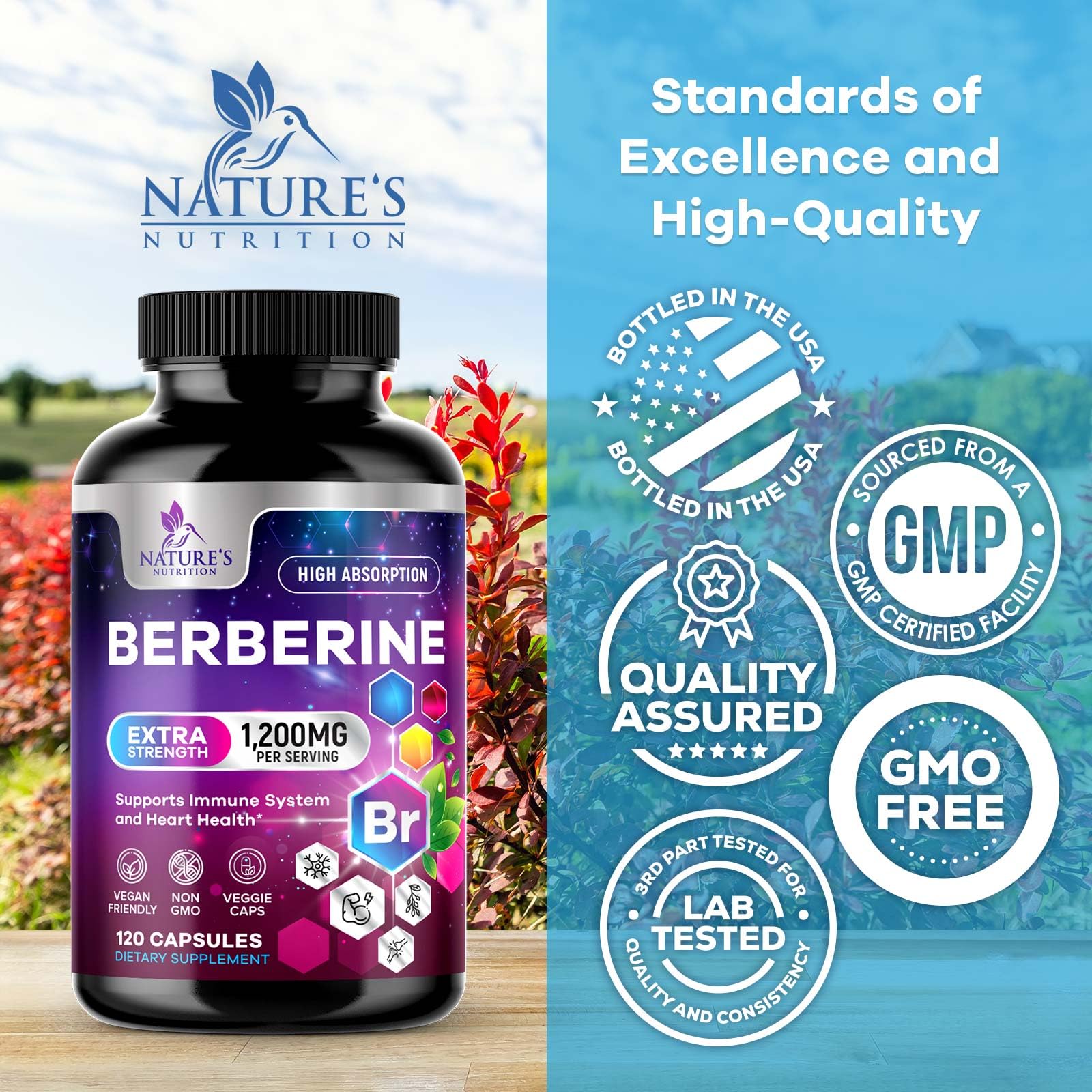 Nature's Nutrition etiqueta nutricional legible mostrando dosis y pureza