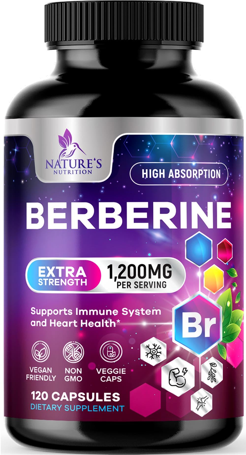 Nature's Nutrition frasco frontal mostrando la etiqueta clara y beneficios