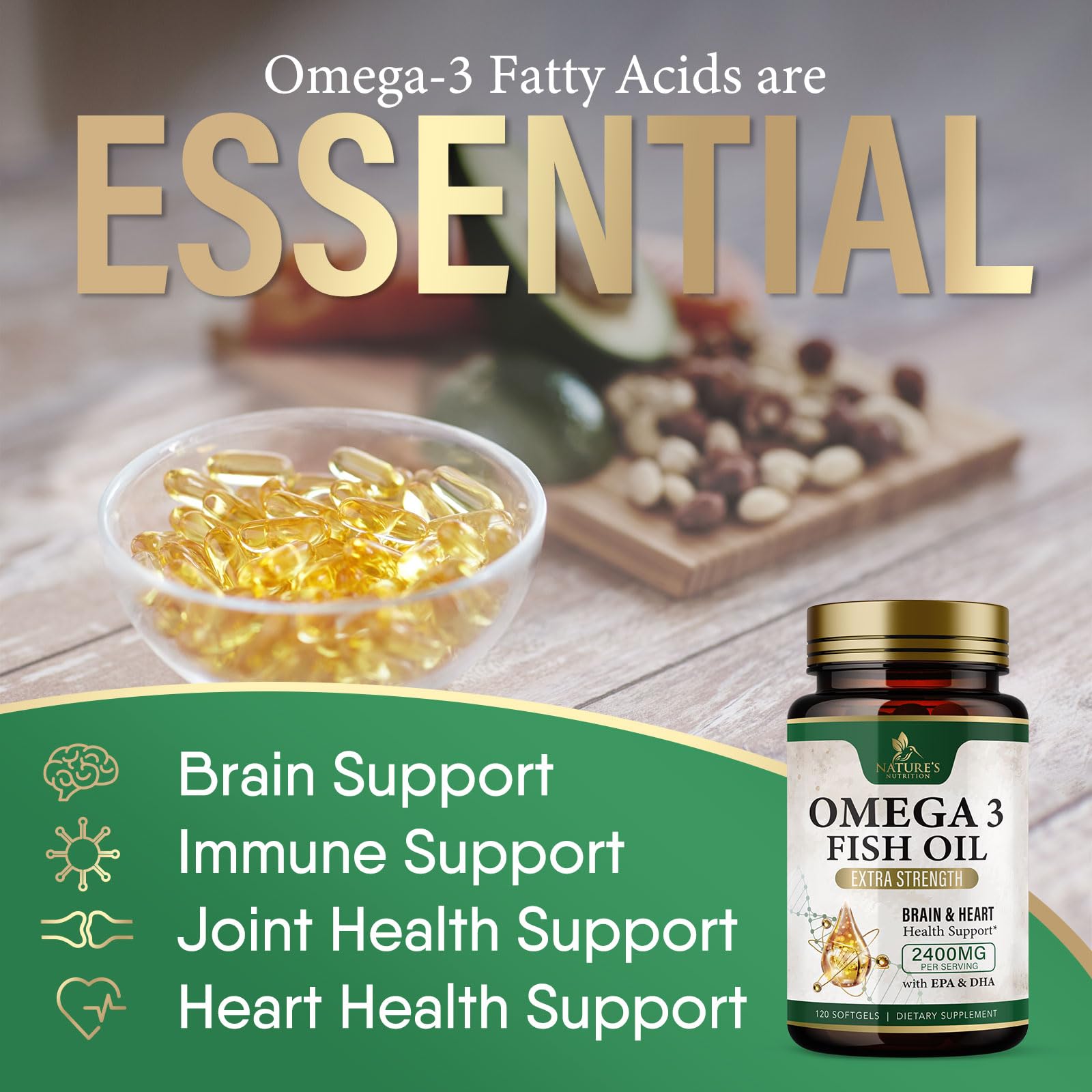 Nature's Nutrition botella abierta con softgels listos para tomar