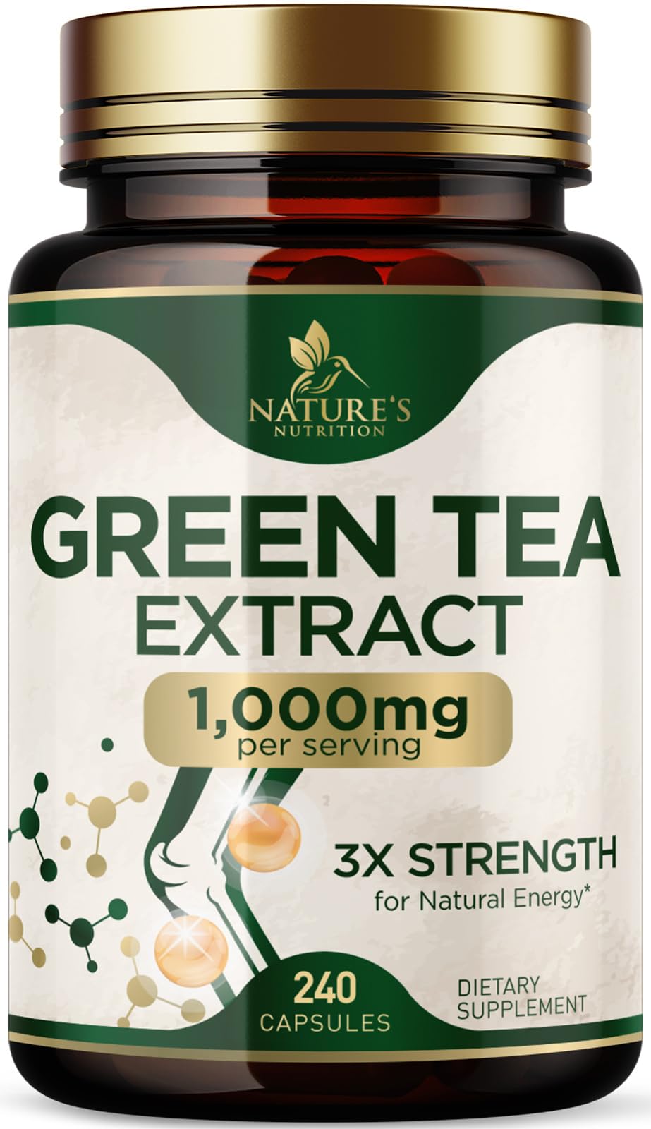 Nature's Nutrition botella frontal mostrando suplemento e información clave
