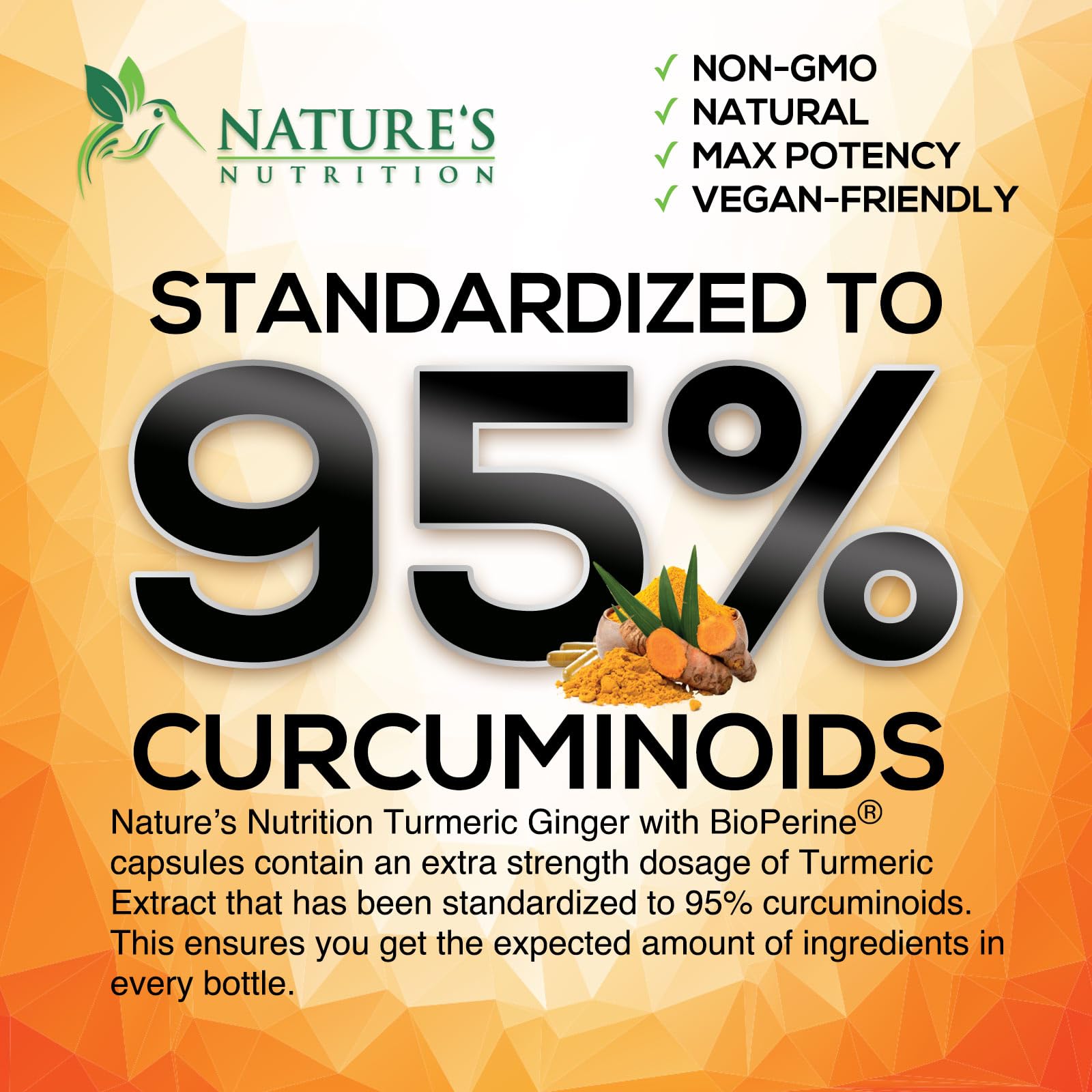 Nature's Nutrition botella rodeada de hojas y raíz de cúrcuma natural