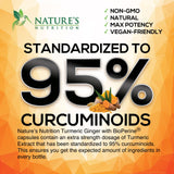 Nature's Nutrition botella rodeada de hojas y raíz de cúrcuma natural