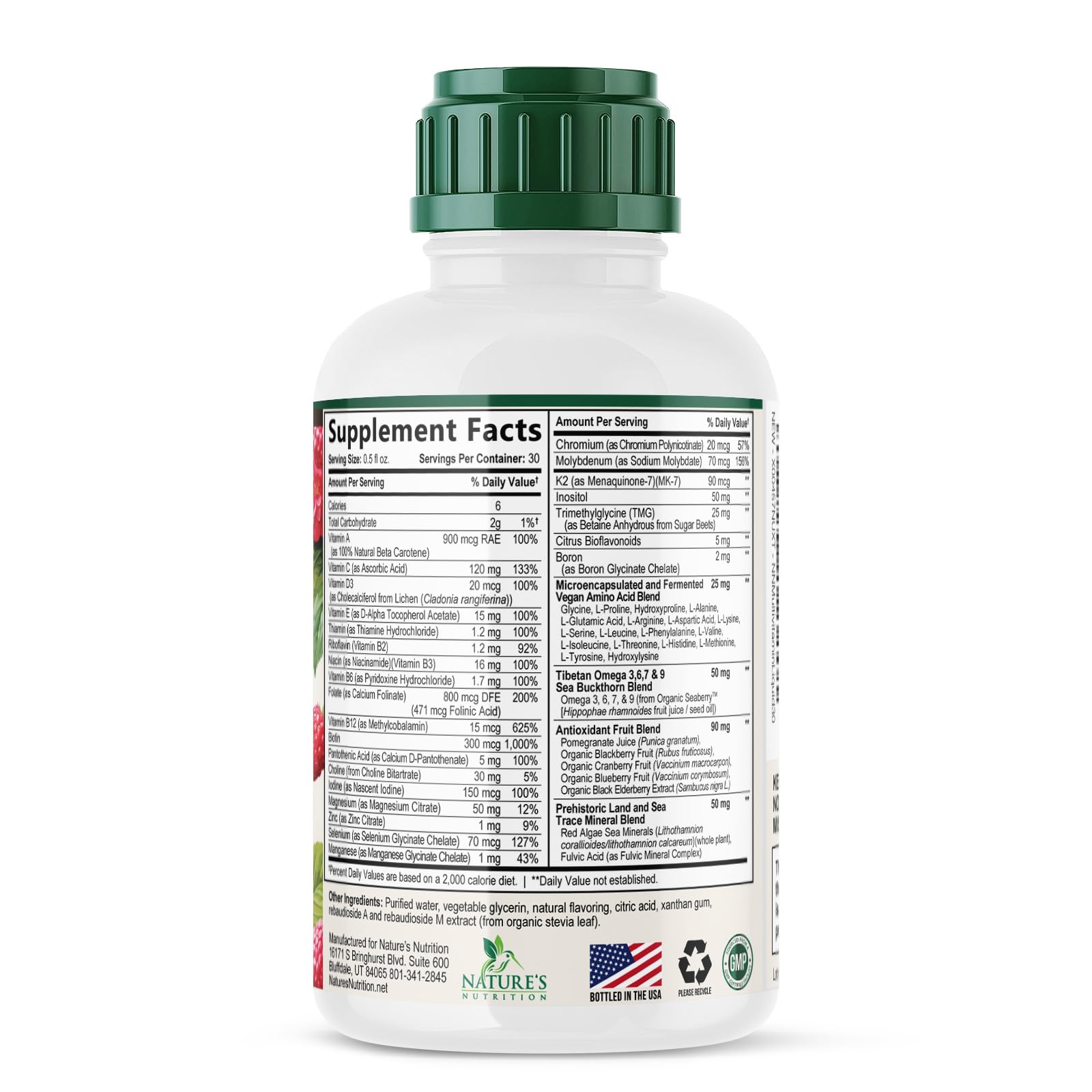Nature's Nutrition botella cerca de frutas transmite ingredientes naturales