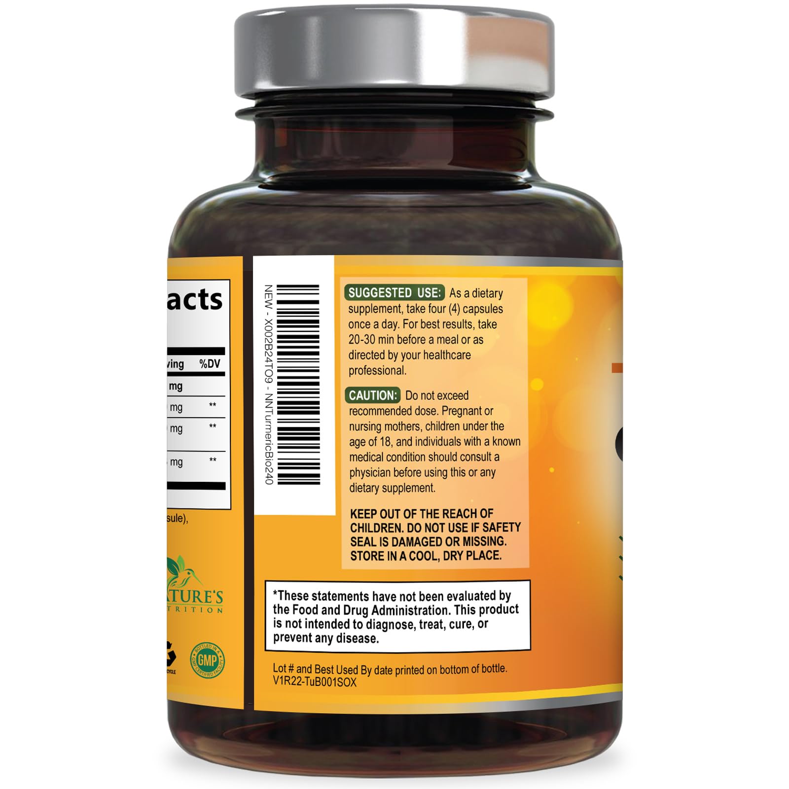 Nature's Nutrition sello cGMP en etiqueta mostrando control de calidad