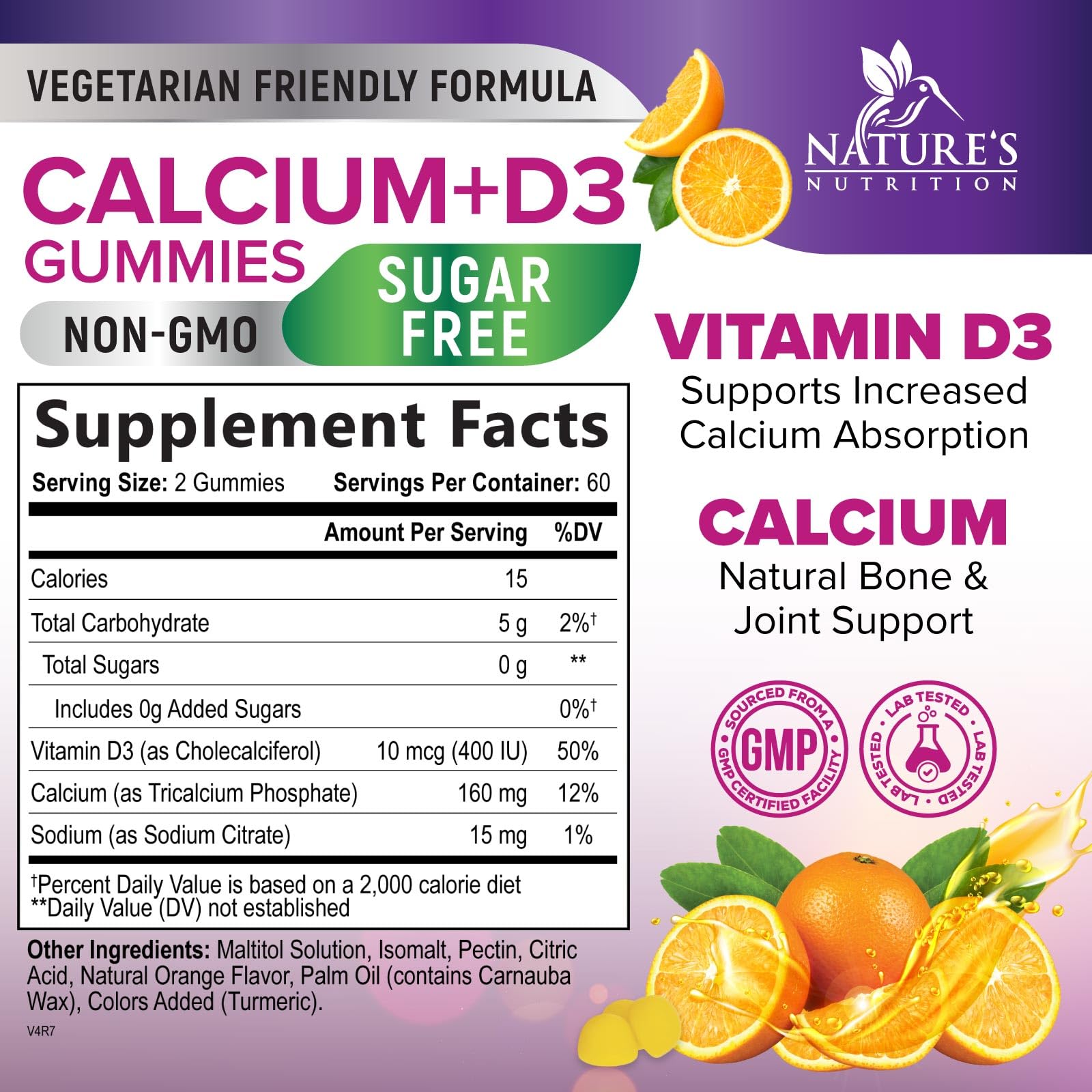 Nature's Nutrition etiqueta trasera con instrucciones y sello de calidad