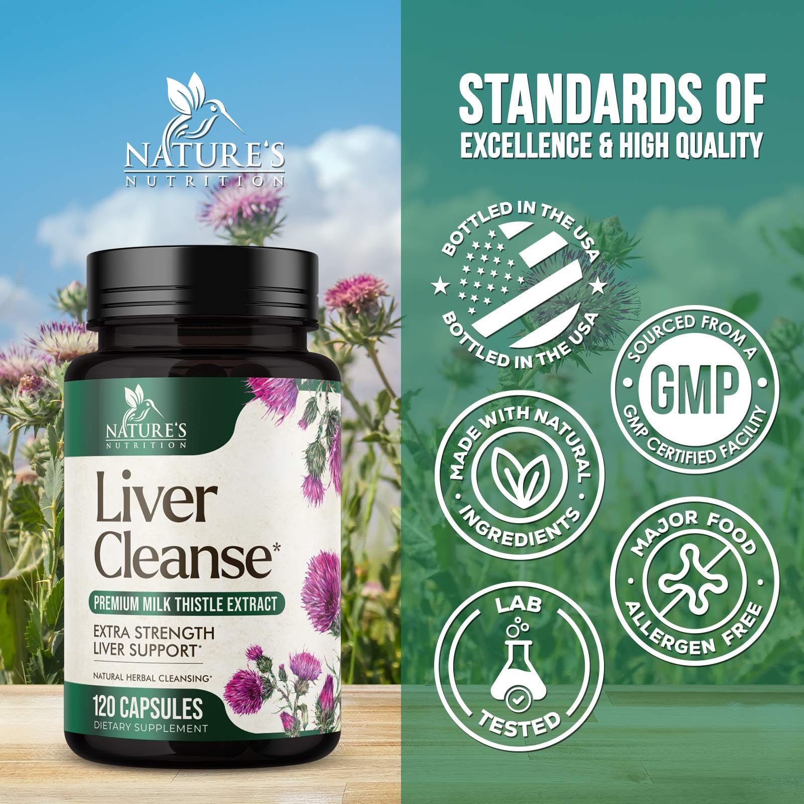 Nature's Nutrition cápsula en mano para mostrar escala y comodidad de uso
