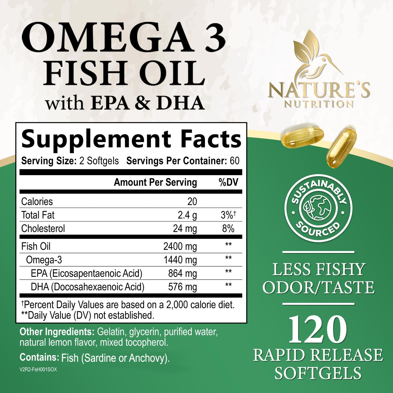 Nature's Nutrition primer plano de softgel mostrando acabado brillante