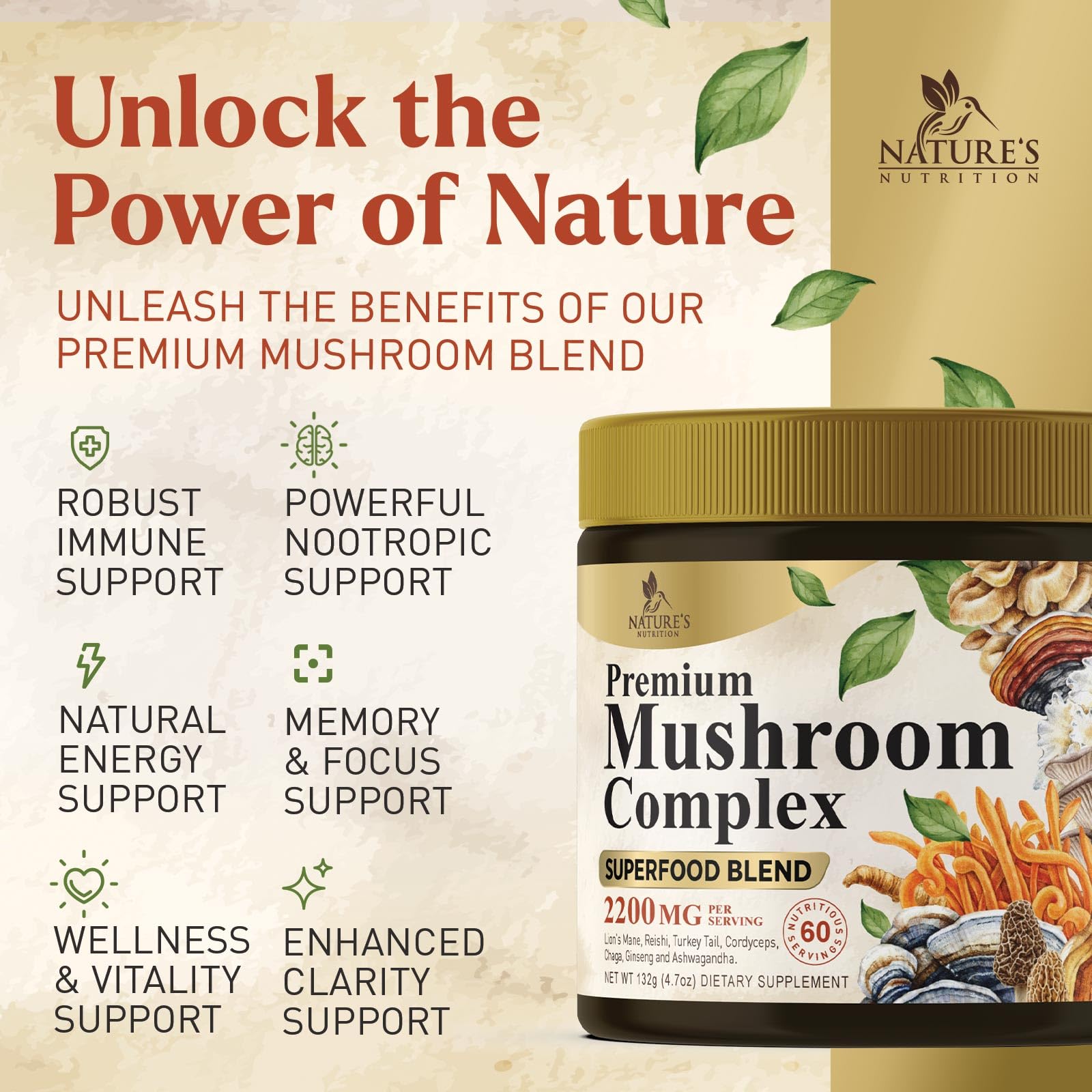Nature's Nutrition escala junto a una taza para mostrar tamaño y cantidad por ración