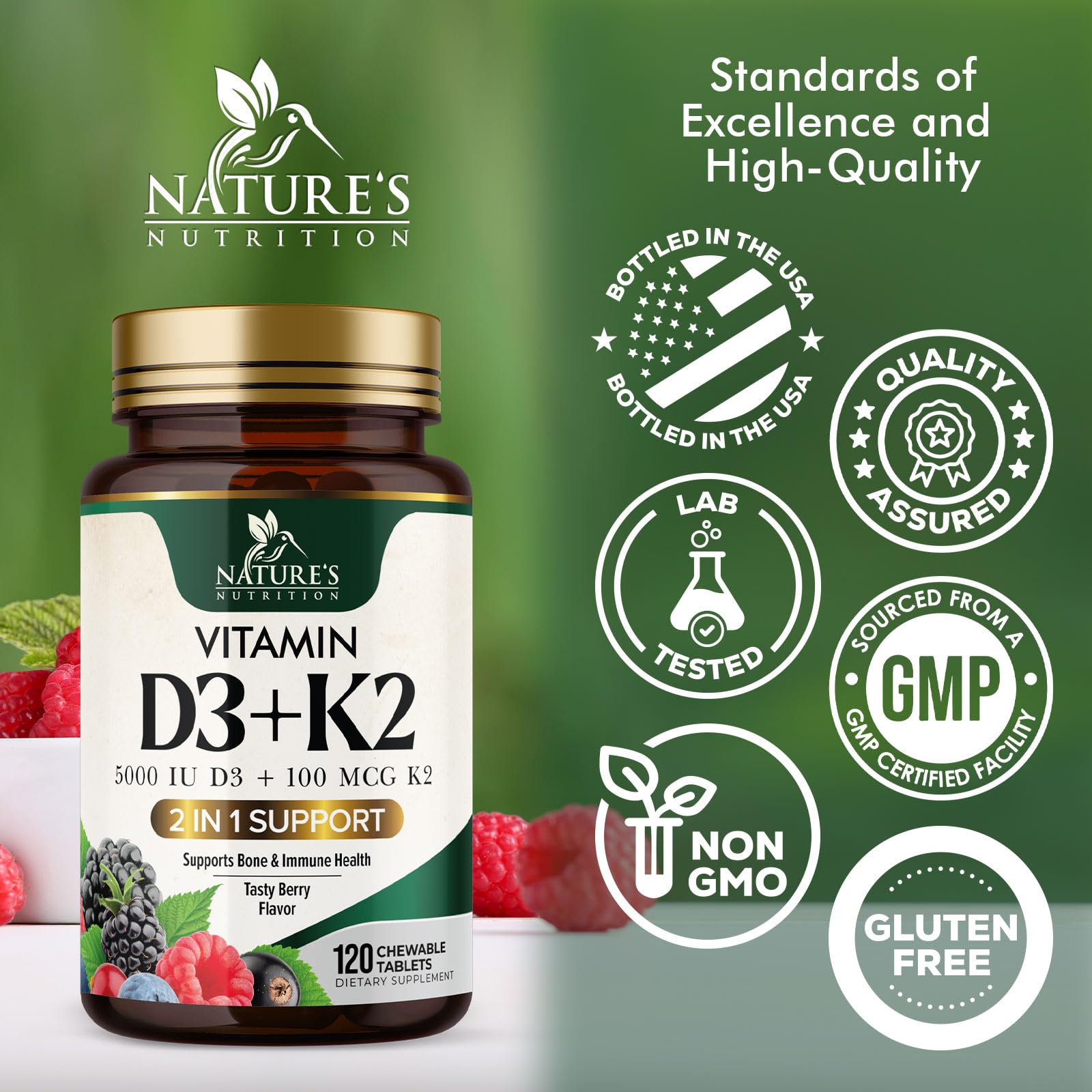 Nature's Nutrition etiqueta nutricional clara con dosificación de D3 y K2