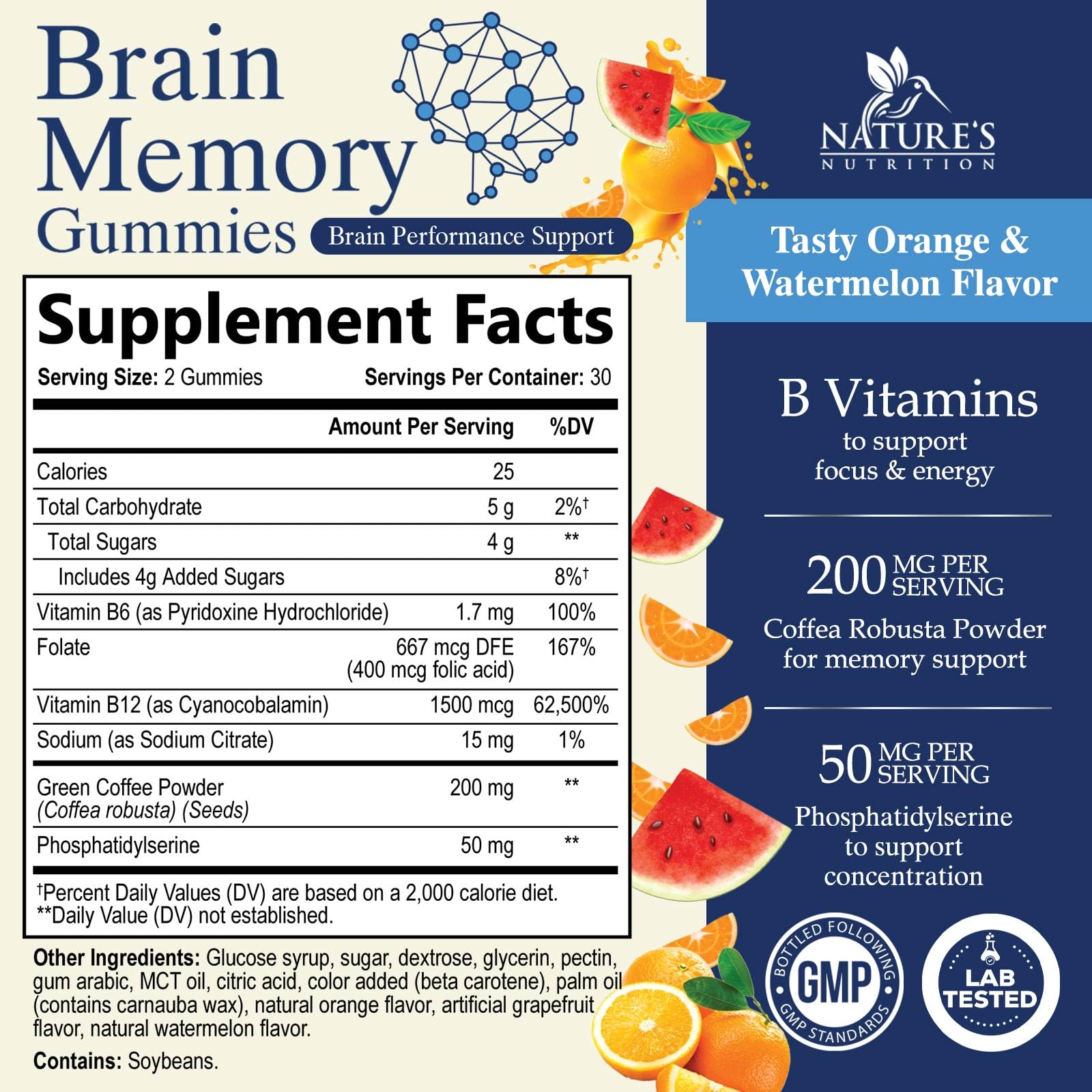 Nature's Nutrition etiqueta con ingredientes y dosis claras para confianza