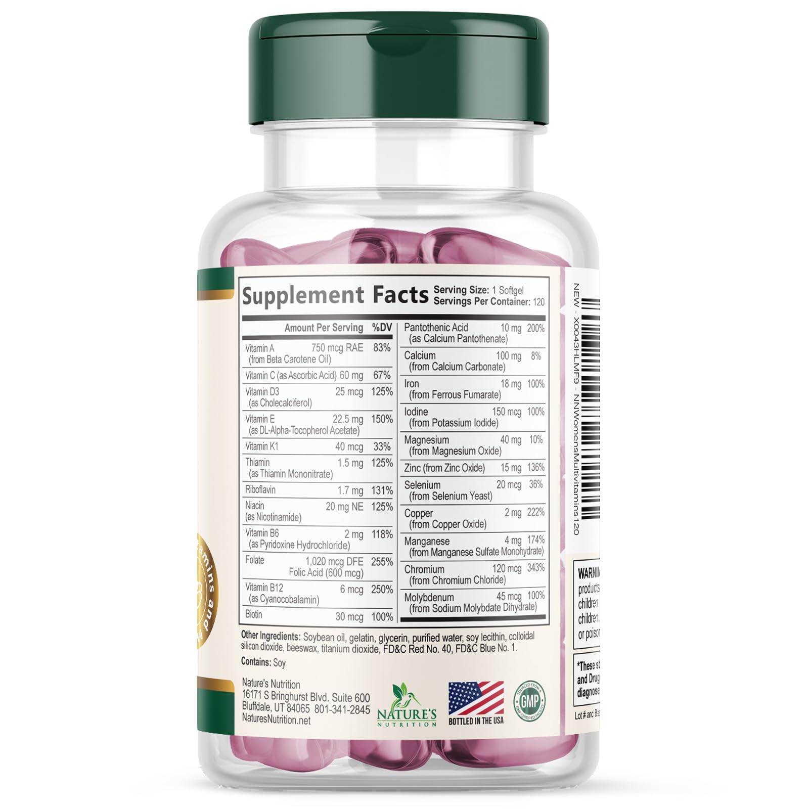 Nature's Nutrition empaque abierto con 120 softgels mostrando suministro mensual
