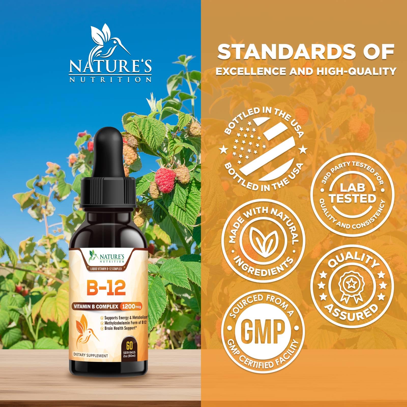 Nature's Nutrition persona aplicando gotas sublinguales para energía